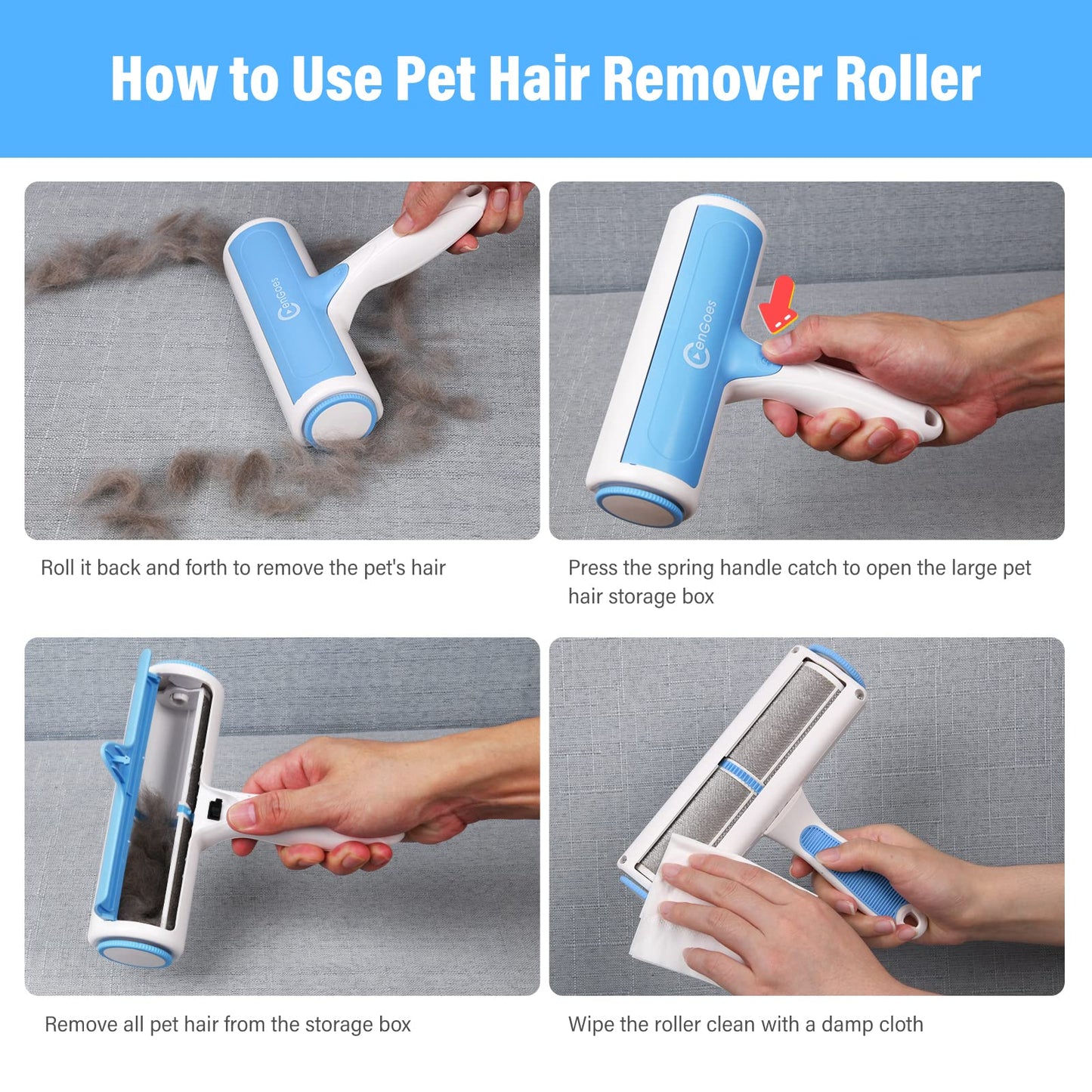 Pet Hair Remover Reusable Cat and Dog Hair Remover Multi-Surface Lint Roller Portable Fur Removal Tool for Furniture,Couch,Carpet,Bedding,Clothes and Car Seats, Non-Slip Handle Self-Cleaning Roller