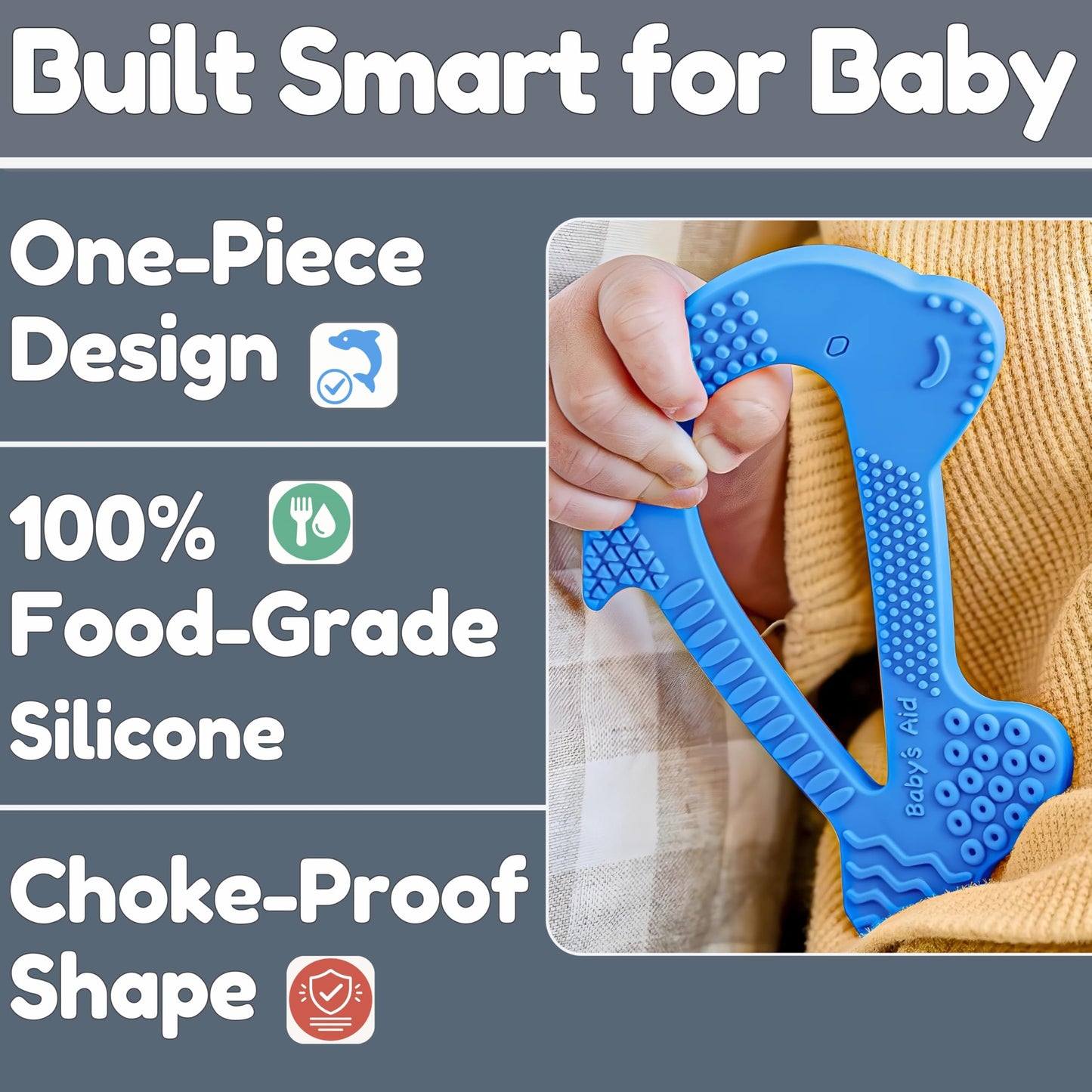 Silicone Baby Teether - Dolphin | 8 Teething Relief Textures, 100% Food-Grade, Easy to Hold & BPA Free Silicone Teethers for Babies, Baby Teething Toys, Soft Chew Toy for Babies Ages 3M+ - Baby’s Aid