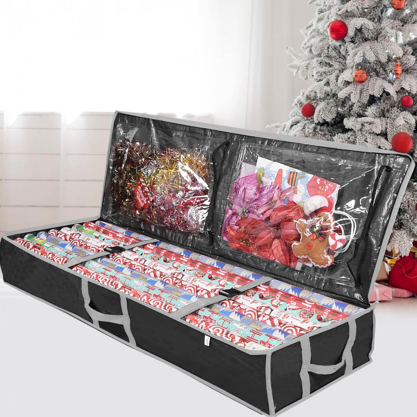 ProPik Wrapping Paper Storage Containers | Gift Wrap Organizer Under Bed | 41”x14”x6” | Box Holds 18-24 Rolls Up to 40” Long | Holder with Pockets for Ribbon Bows & Accessories (Black)