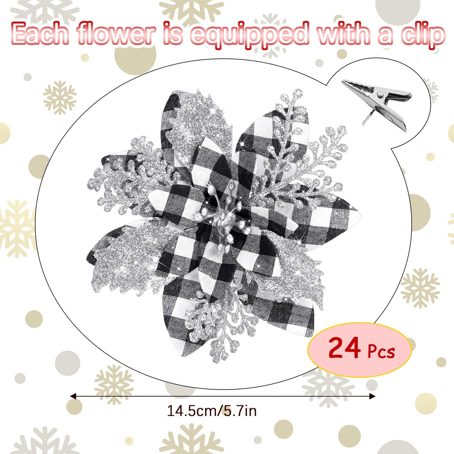 Canlierr 5.7 Inch Artificial Poinsettias Christmas Glitter Flowers with Clips Xmas Tree Flower Ornament Poinsettias Decor (Black and White Buffalo with Silver Petals,24 Pieces)