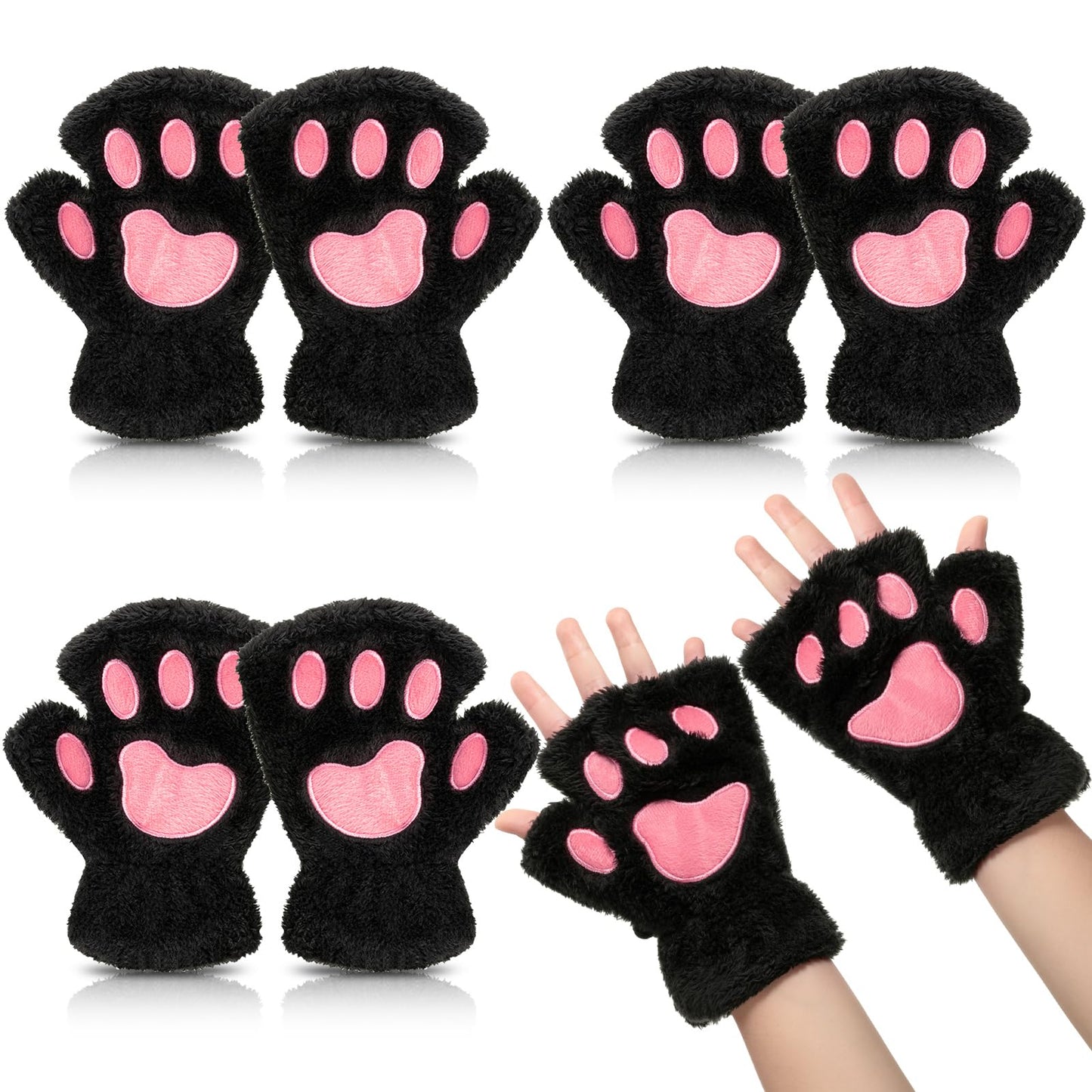 Geyoga Cat Paw Gloves 3 Pairs Cosplay Faux Fur Plush Cat Bear Furry Paws Gear Winter Fingerless Gloves for Girls Women