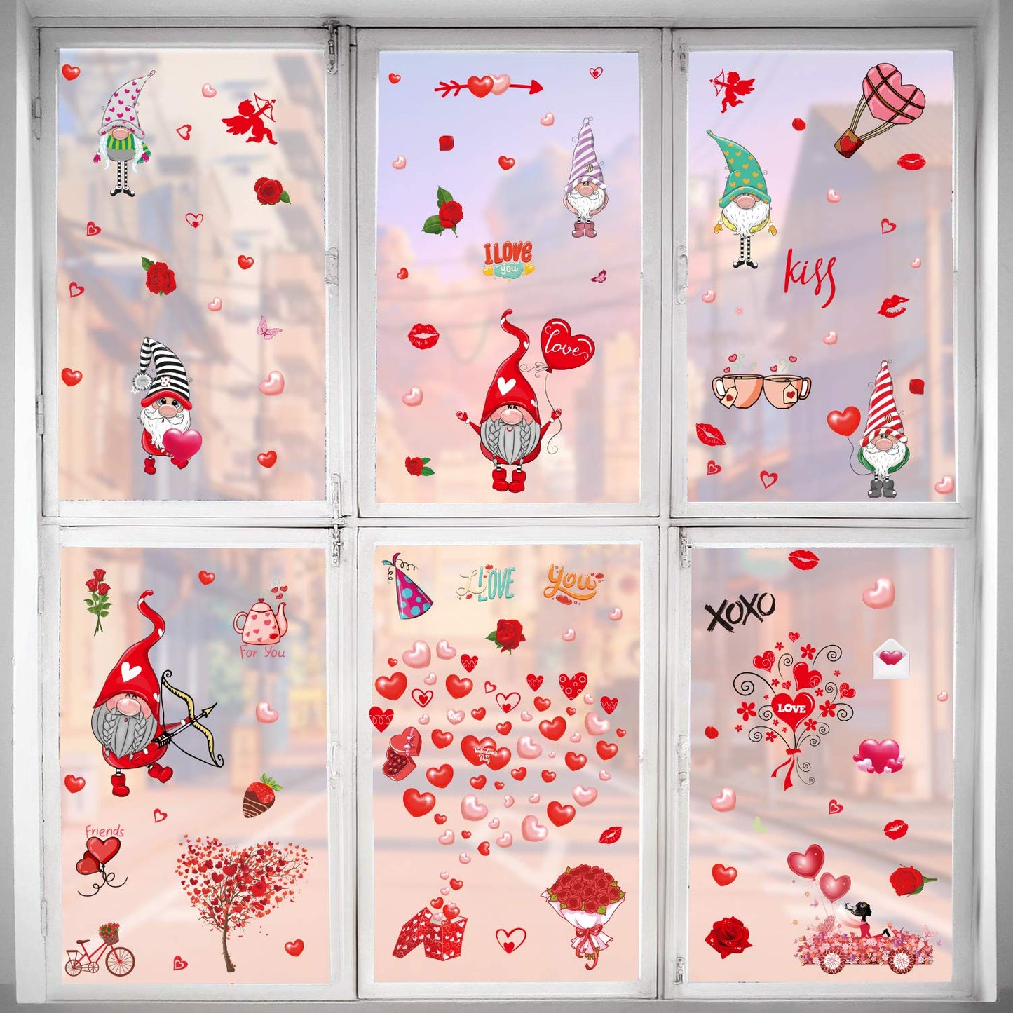9 Sheets Valentine's Day Window Decals Clings Decorations, 149pcs Gnome Heart Window Stickers for Valentines Day, Glass Windows, Party, Wedding, Anniversary Ornaments Supplies