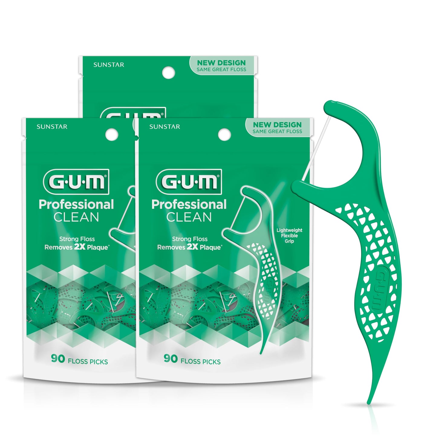 GUM Professional Clean Floss Picks - Extra Strong Shred-Resistant Floss, Easy Grip Handle - Dental Flossers for Adults - Fresh Mint Flavor, 90 Count (Pack of 3)