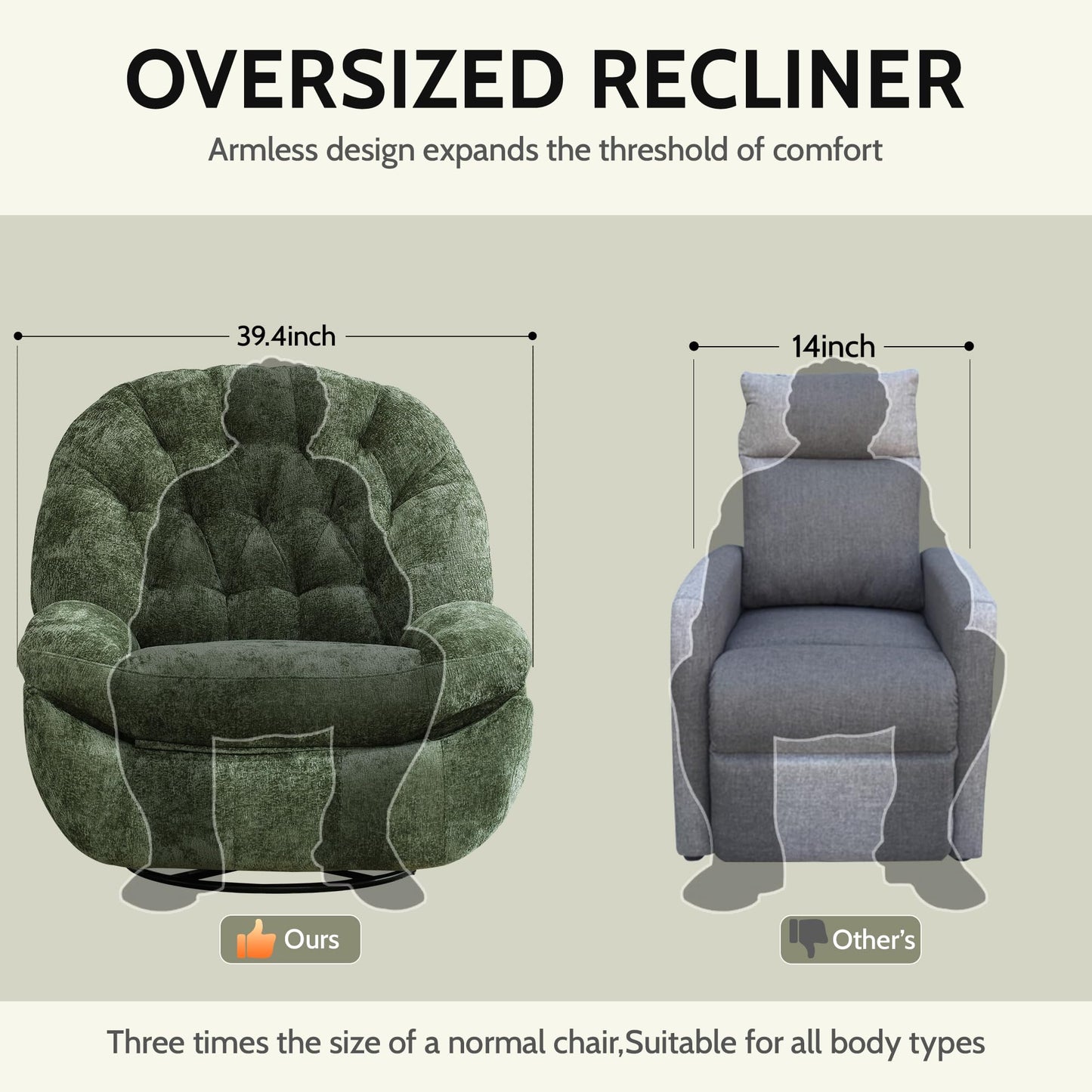 Immulize Oversized Swivel Rocker Recliner Chair with Phone Holder,Swivel Rocking Sofa,Large Recliner Glider Chair for Living Room,Bedroom,Chenille Fabric,Green