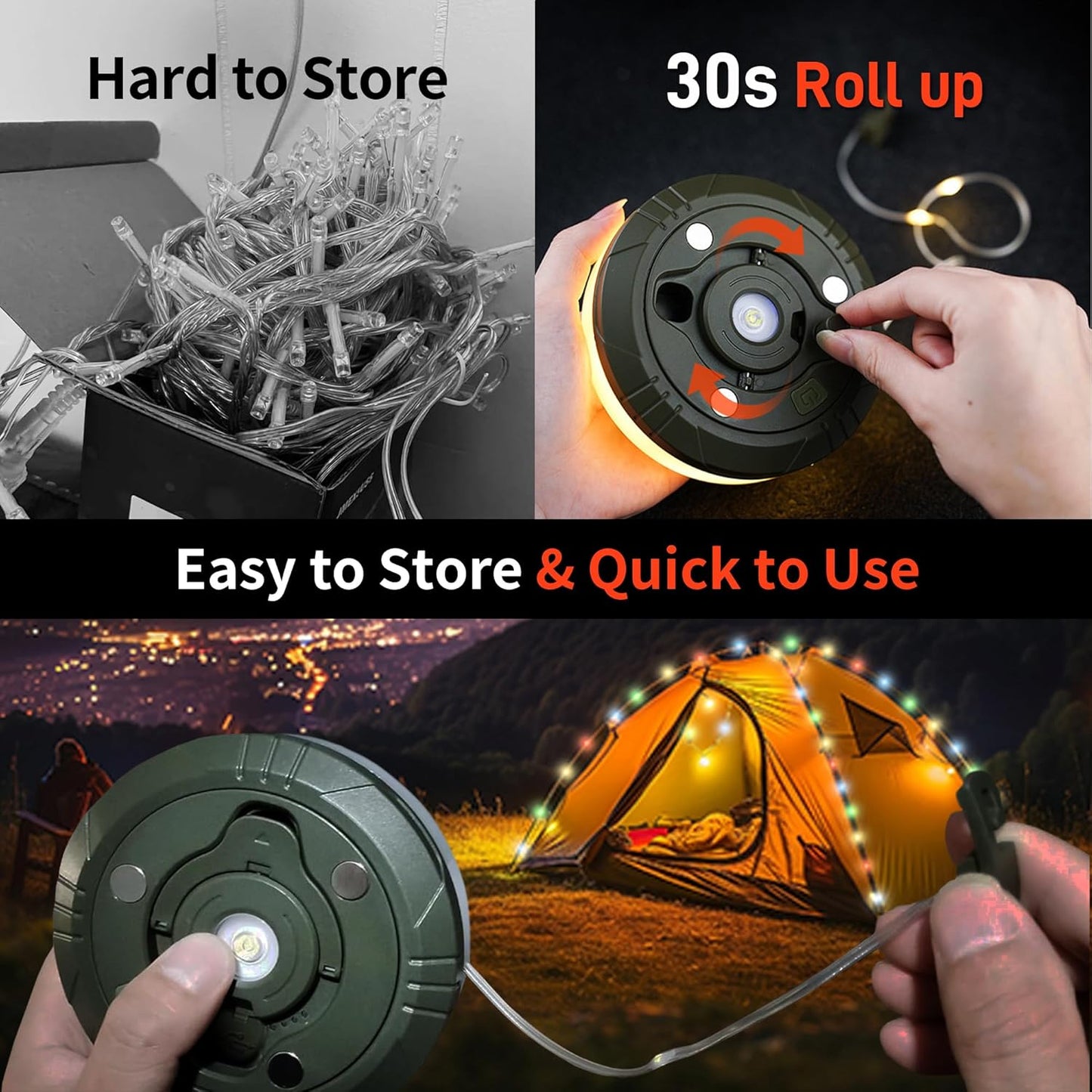 4 in 1 Camping String Lights 32.8FT Outdoor Quick Storage Camping Lights String & Lanterns, 8 Modes Retractable Camping Essentials Waterproof Camp Lights for Tent Gear