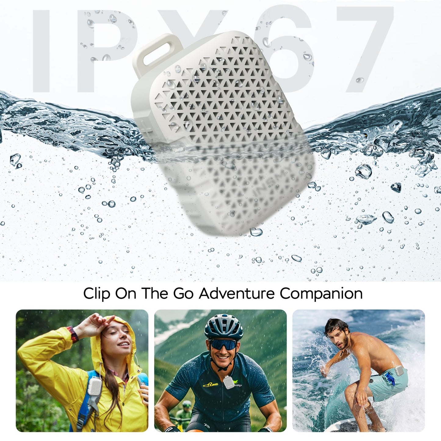 INSMY Wearable Bluetooth Speakers,IP67 Waterproof,Clip-On Portable Small Personal Speaker/Clean Sound/Stereo Pair/Wireless 5.4/ENC Built-in Mic/Lightweight for Outdoor Golf Work Pool (White)