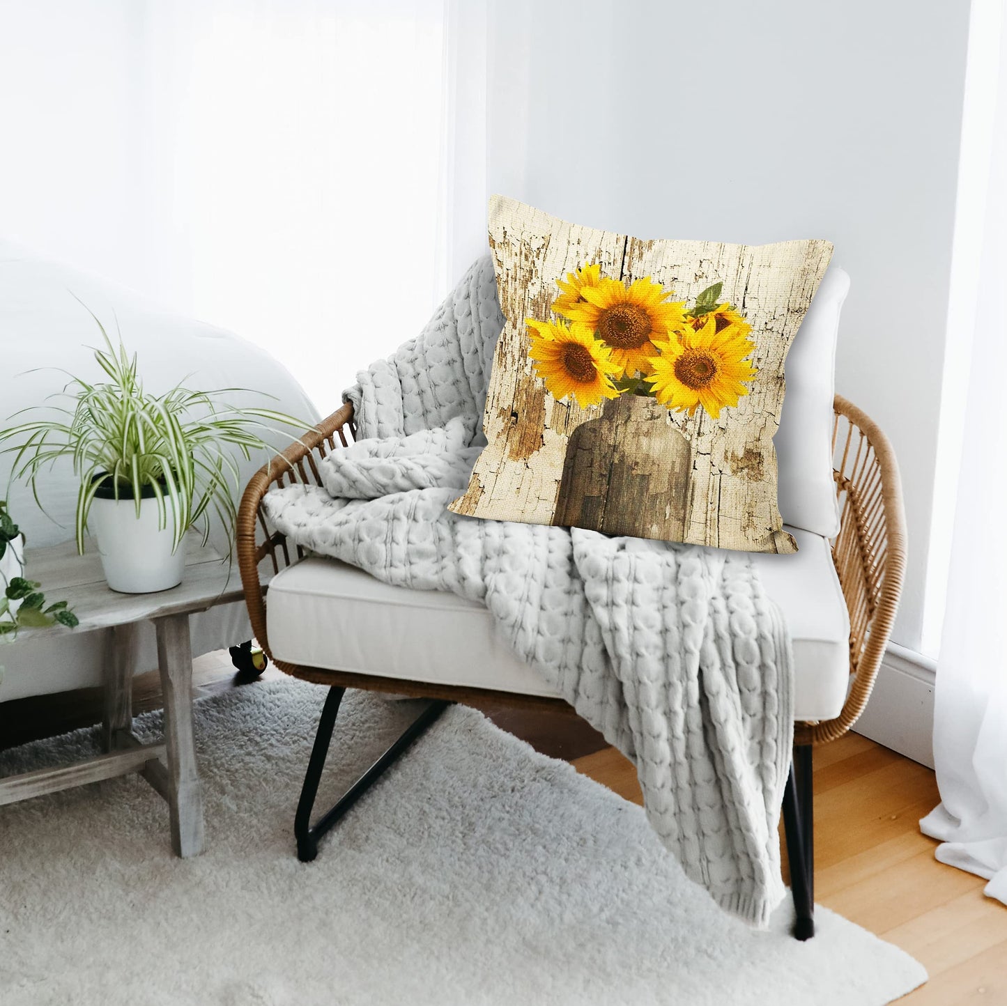 YUESHARE Farmhouse Rustic Summer Fall Flower In Vase Wood Board Linen Throw Pillow Cover, Fall Summer Lover Gifts For Home Room Bed Sofa Decorations Decor (18 x 18 Inch)