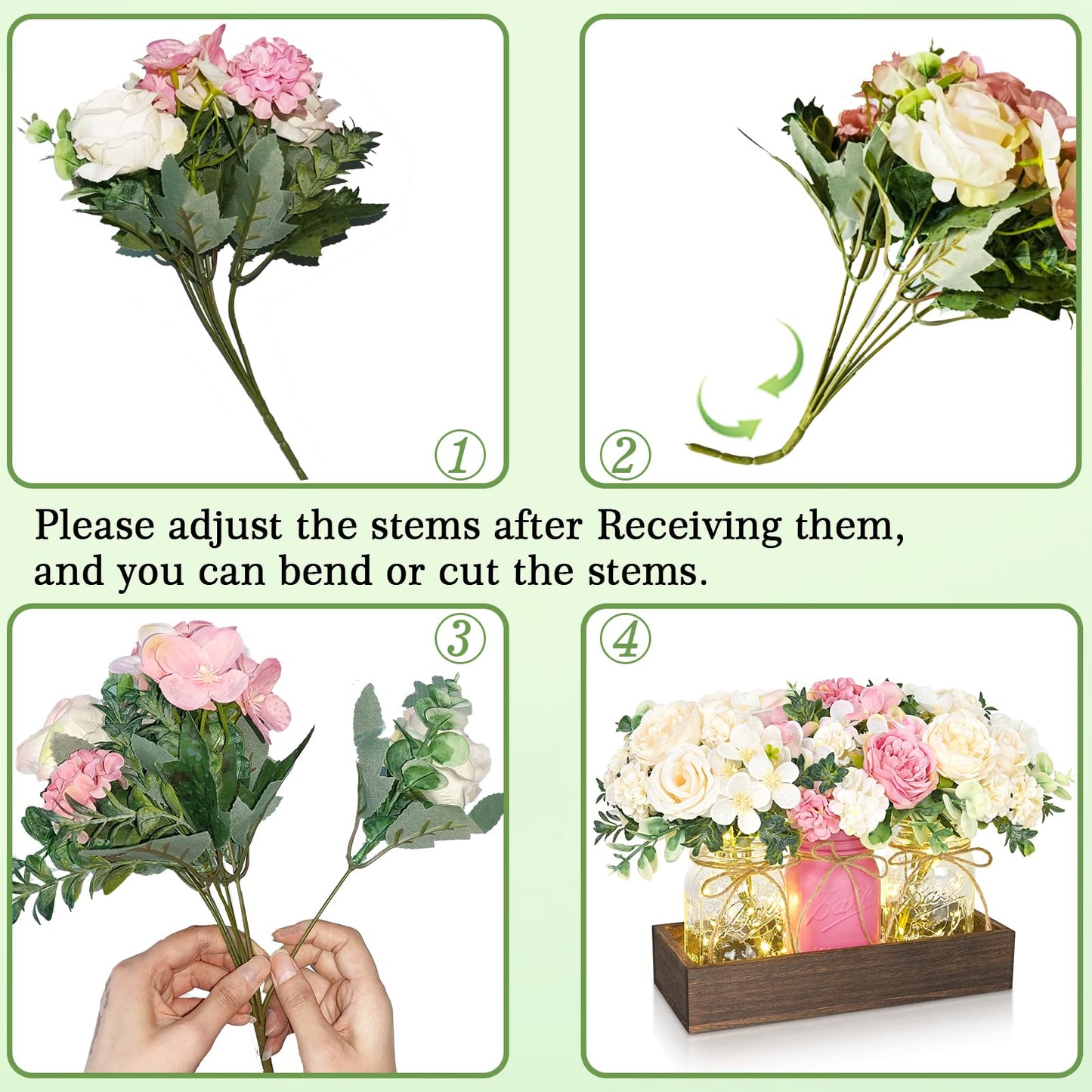 BLEUM CADE Centerpiece Table Decorations - 3Pcs Roses Artificial Flowers in Mason Jars with Wood Tray for Dining Table Coffee Table Farmhouse Home Decor