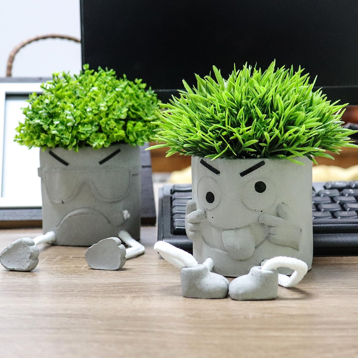 MAKHOT 2 Pack Cute Artificial Succulent Plants with Gray Flower Pots, Fake Plants Succulent Window Sill Decor for Gift Choice, Mini Potted Succulents for Desk Shelf Bathroom Decoration