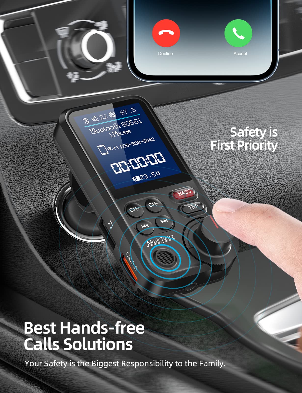 Nulaxy FM Bluetooth Transmitter for Car, Strong Microphone Bluetooth Car Adapter with 1.8" Color Screen for Hands-Free Calls, Supports QC3.0 Charging, Treble and Bass Sound Music Player- KM30