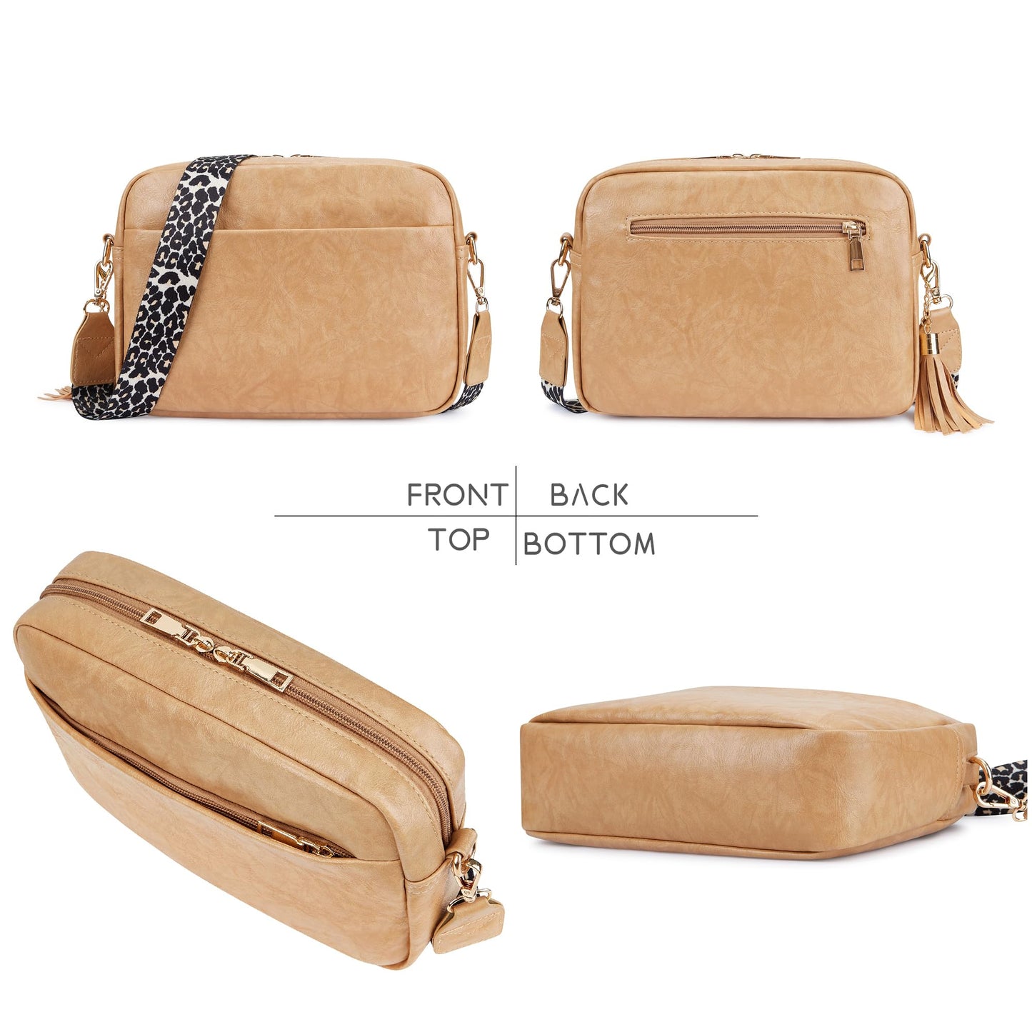 Cynure Women's Leather Crossbody Bag Zipper Shoulder Camera Purse, Khaki