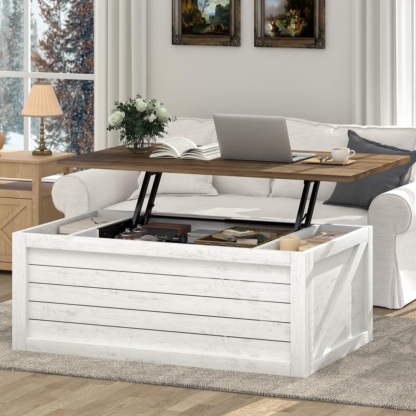 REVOMINCA Farmhouse Coffee Table Lift Top with Storage for Living Room, White Coffee Table with Large Hidden Storage Compartment, 48 Inch White Center Table with Sliding Barn Doors