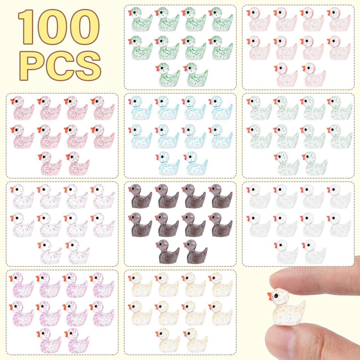 YsesoAi 100Pcs Glitter Mini Resin Ducks, Tiny Ducks Figurines Bulk for Miniature Dollhouse Decor Accessories Garden Aquarium Potted DIY Ornament Charms Office Classroom Activity to Hide Party Toys