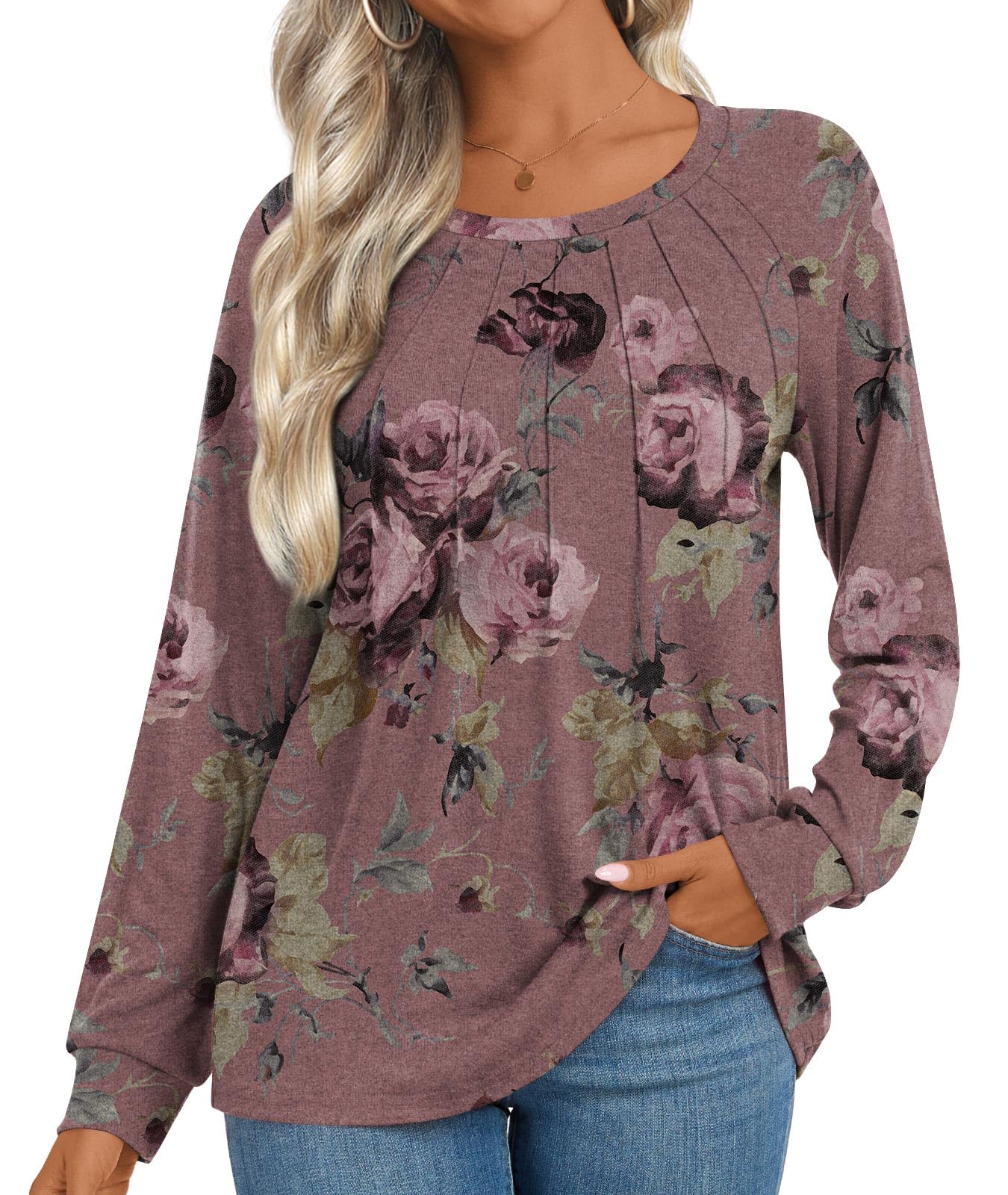 Addtoo Womens 2025 Fall Tunic Tops Casual Long Sleeve Pleated Blouse Warm Loose Dressy Tshirt Small