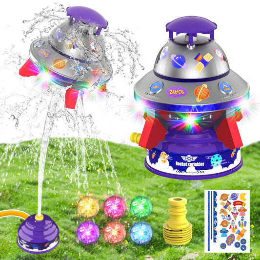 Outdoor Water Sprinkler Toys for Kids, Summer Water UFO Spaceship Rocket Sprinklers Launch Toys with Light, Ideal Holiday Backyard Lawn Yard Game Birthday Gift for Boys Girls 3 Years and Up (Purple)