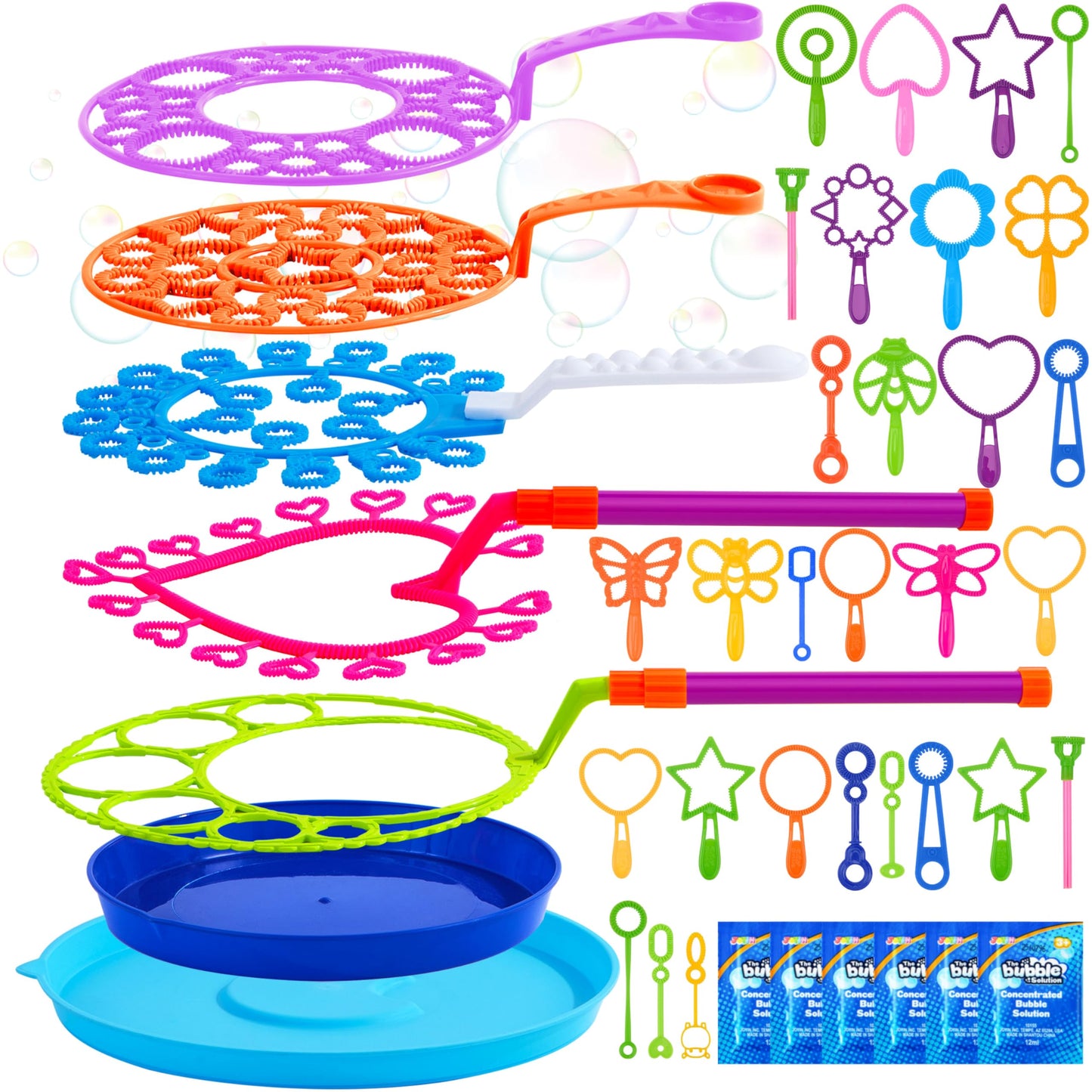 JOYIN Big Bubble Wands Set Bulk for Kids Summer Outdoor Activity Party Favors, 18 Pcs Giant Bubble Maker with Tray, 12" Large, 6 Pcs Solution Suitable for All Age People