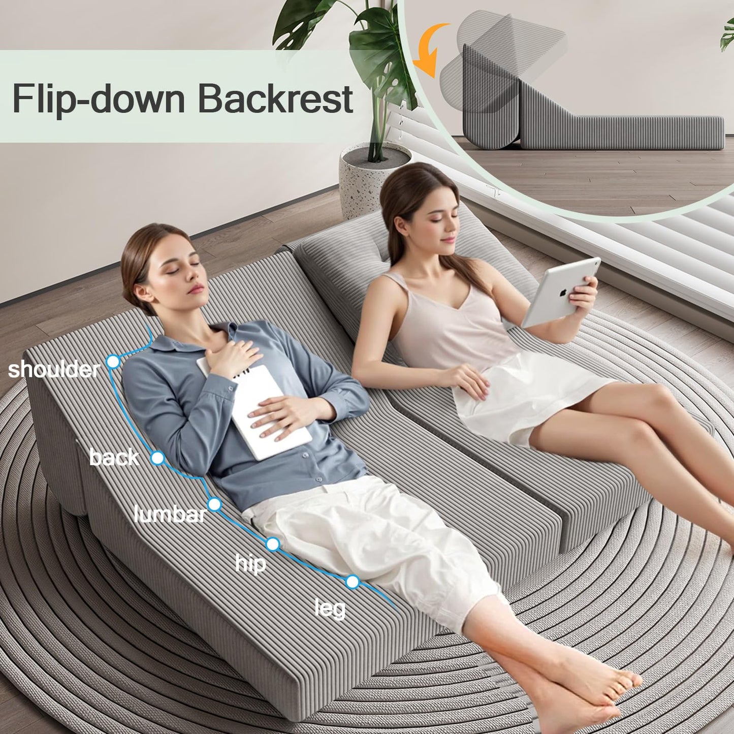 COMAX Folding Sofa Bed, 8-in-1 Foldable Floor Couch Corduroy Convertible Futon Sofa, Fold Out Chair Bed Sleeper Mattress Comfy Portable Lounge Loveseat Guest for Living Room Bedroom, Light Grey