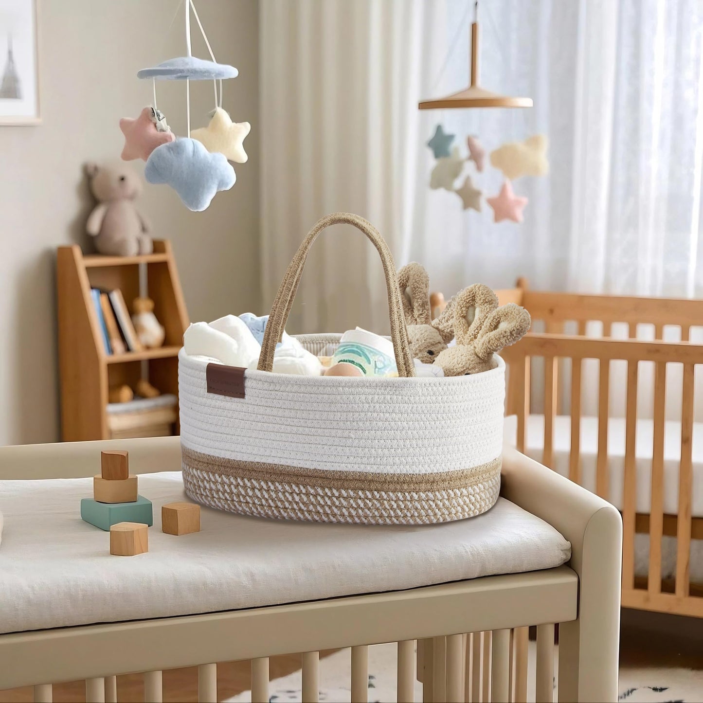 DECOMOMO Baby Caddy Organizer, Diaper Caddy Basket, Baskets for Baby Shower Gifts (Spiral Beige & White, Extra Large)