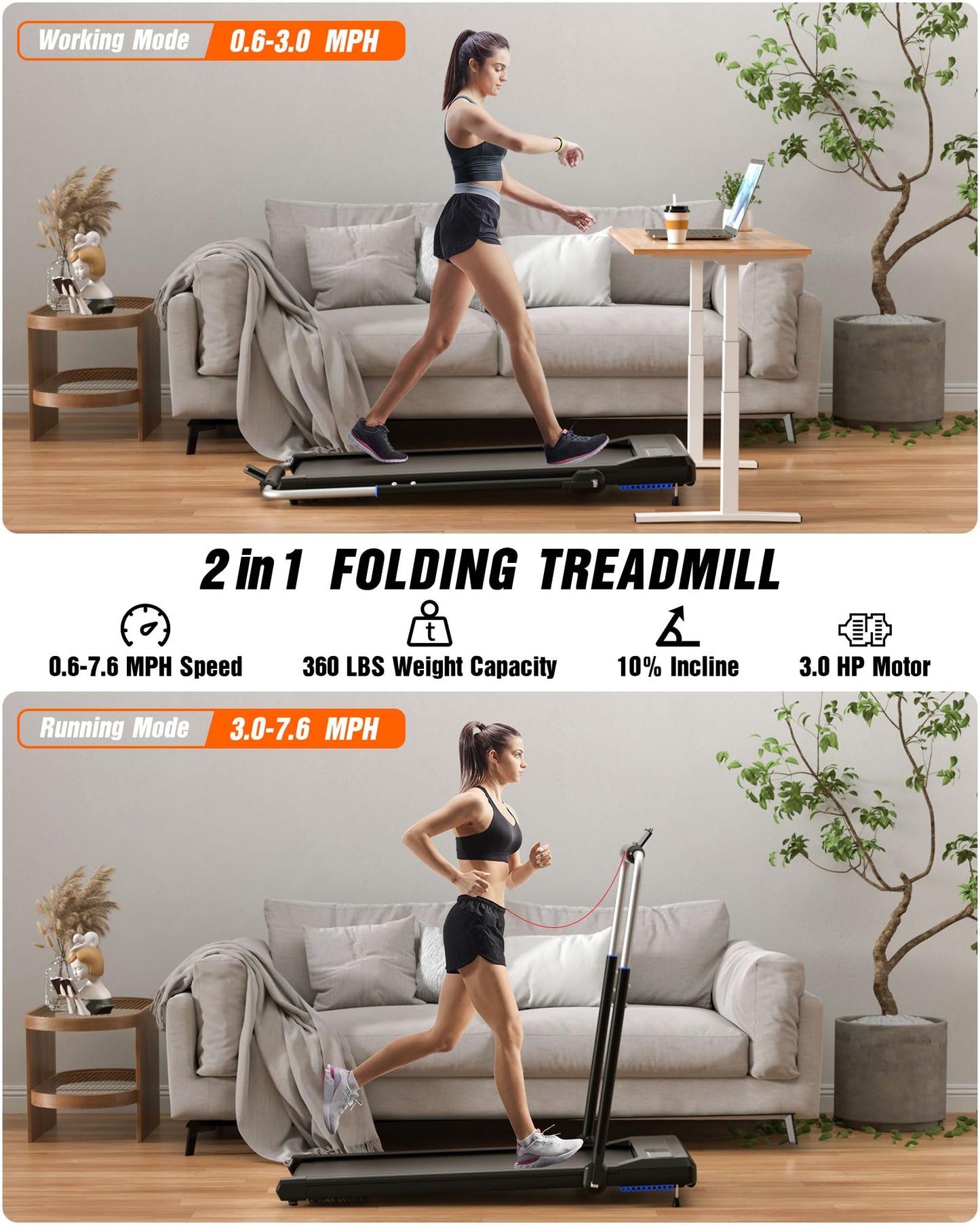 WELLFIT Walking Pad Treadmill with 10% Incline, Under Desk Treadmill for Home/Office, 2 in 1 Folding Treadmills with APP/Remote Control and LED Display, 0.6-7.6 MPH 360 lbs Capacity