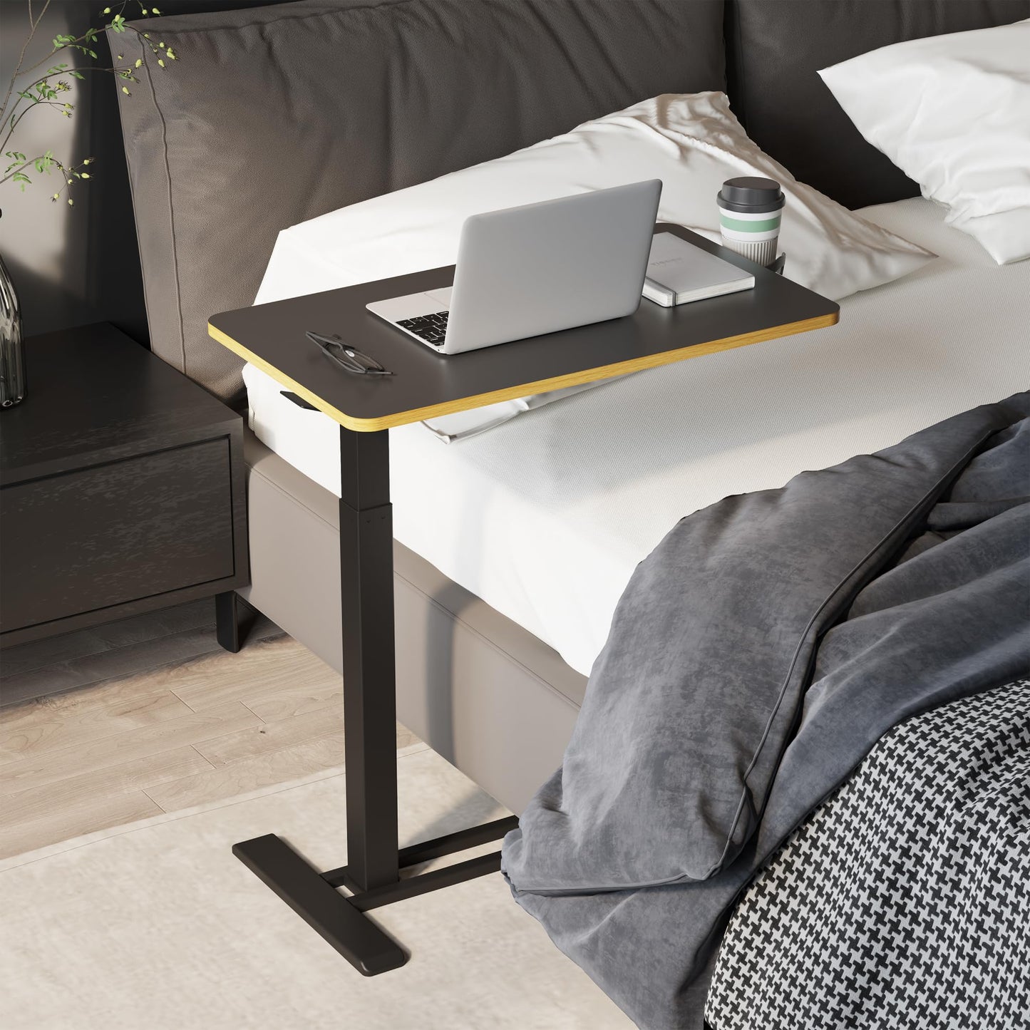 SANODESK Medical Adjustable Overbed Bedside Table with Hidden Casters, Pneumatic Mobile Laptop Computer Standing Desk Cart with Tray, Hospital and Home Use(27.6" W x 15.7" D, Black)