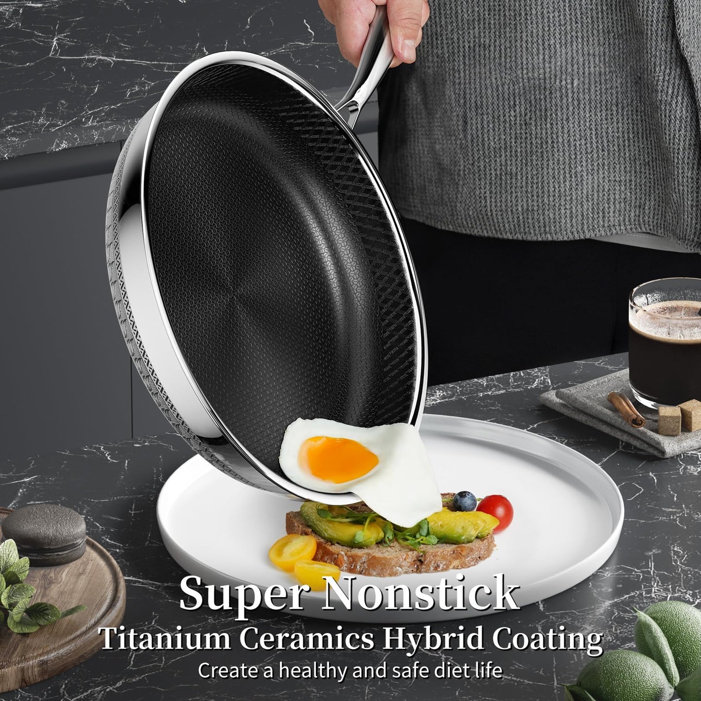 Innerwell Nonstick Titanium Ceramics Stainless Steel Frying Pan Set, 6 Pieces Nonstick Honeycomb Stainless Steel Frying Pan Set, Non Stick Egg Omelet Cooking Pan Set, Induction Compatible, PFAS Free