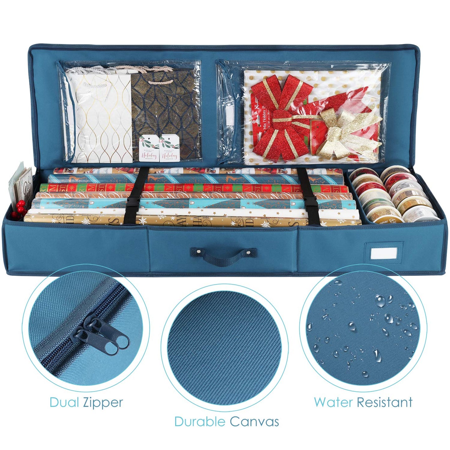 Hearth & Harbor Wrapping Paper Storage Container - Christmas Storage Bag with Interior Pockets - Gift Wrap Organizer Fits Up to 22 Rolls of 40" - Tear Proof, Blue