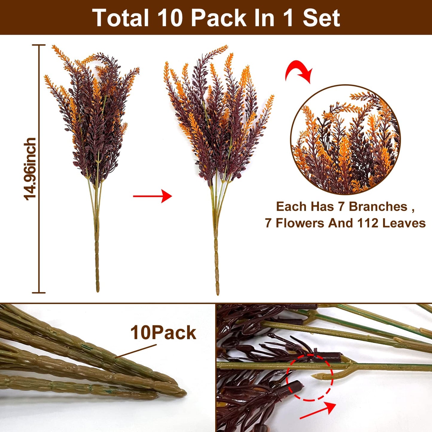 TURNMEON 10 Bundles Artificial Fall Flowers for Outdoors Fall Decorations, UV Resistant Artificial Lavender Plastic Flowers Faux Fall Plants Fake Mums Autumn Thanksgiving Decor Porch Home Gardens