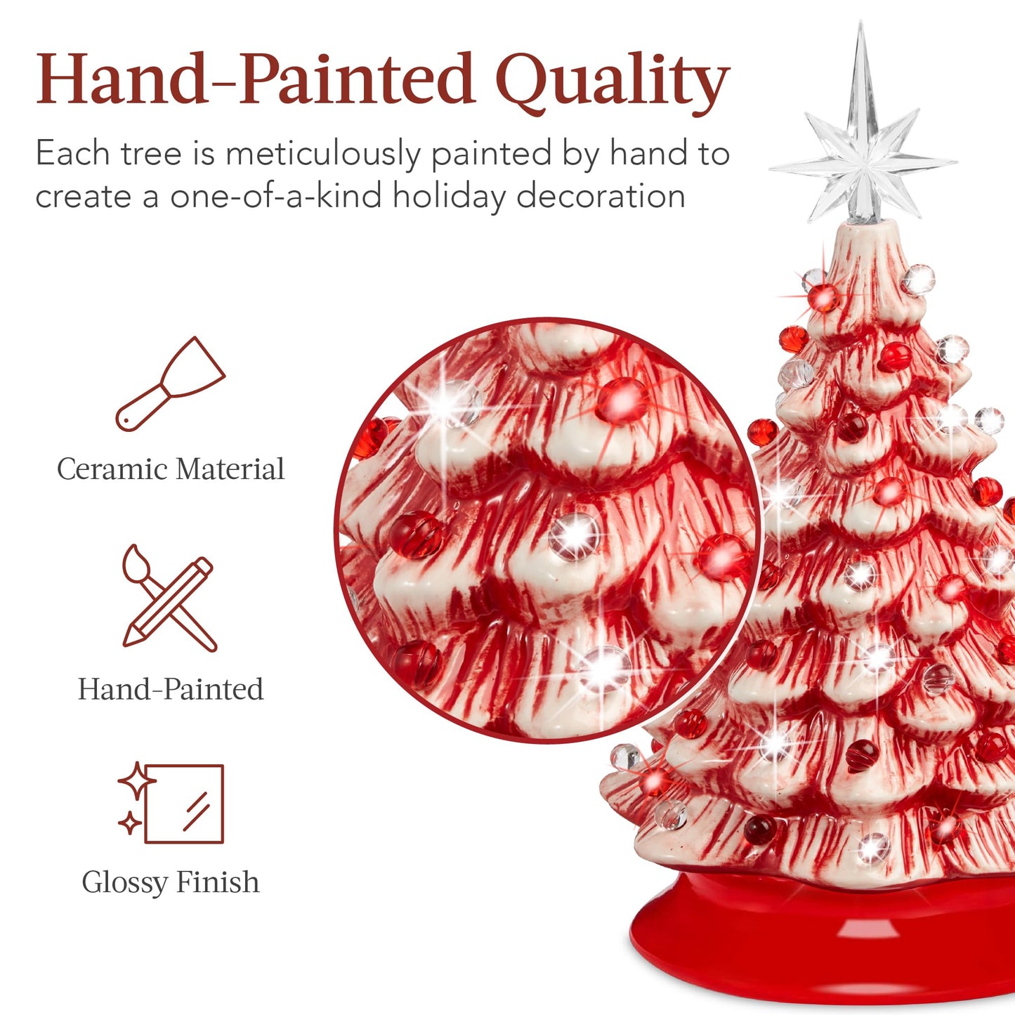 Best Choice Products 15in Ceramic Christmas Tree, Pre-lit Hand-Painted Tabletop Holiday Tree, 2 Star Toppers, 64 Lights - Peppermint w/Red and White Bulbs