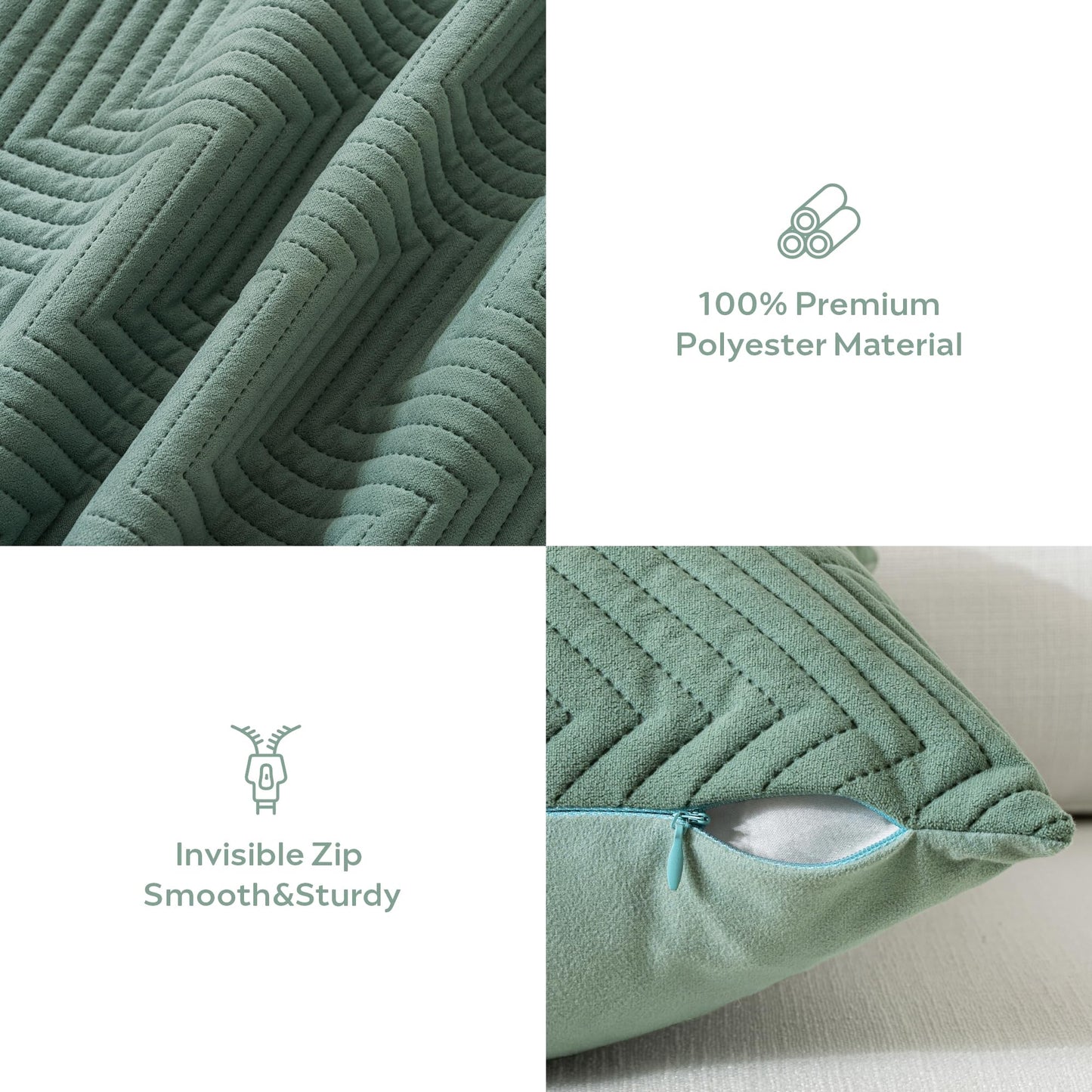 JELLYMONI Throw Pillow Covers 20”x20” Set of 2 Decorative Pillow Cases Light Green with Zipper Square Cushion Cover Polyester Quilted Solid Soft Home Decor for Bed Sofa Living Room (NO Insert)