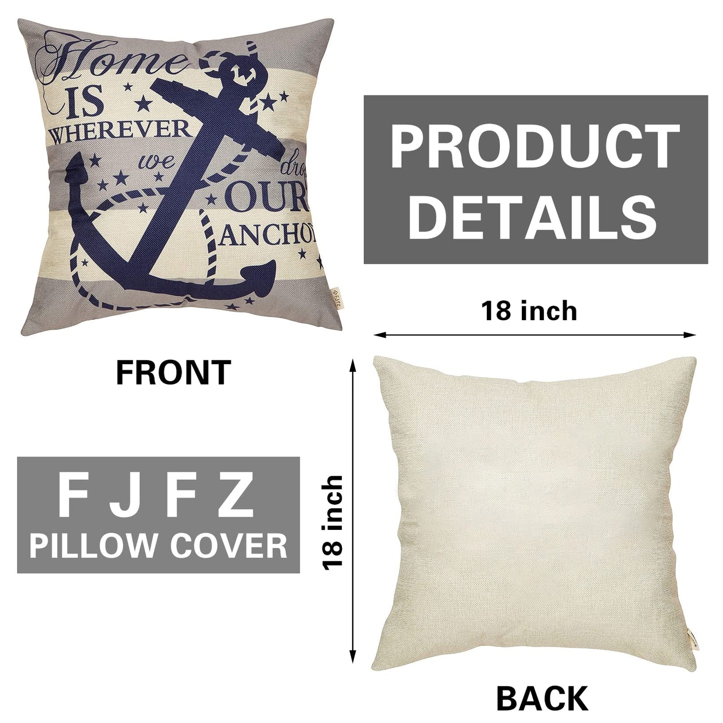 Fjfz Nautical Farmhouse Decorative Throw Pillow Cover 18x18 Home is Wherever We Drop Our Anchor Quote Sign Summer Ocean Cruise Lover Decoration Home Decor Cotton Linen Cushion Case for Sofa Couch