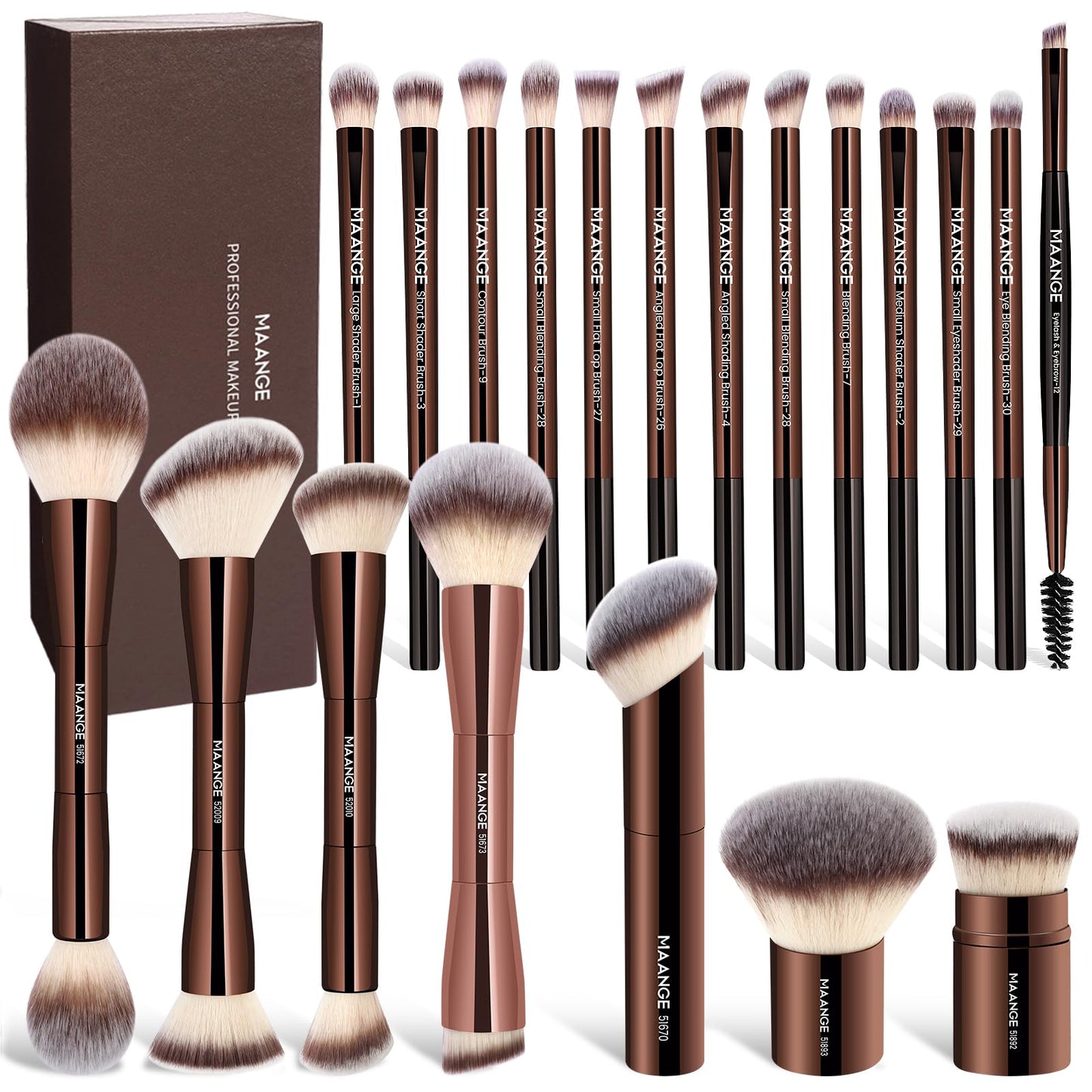 MAANGE 20 Pcs Makeup Brushes with Gift Box, Double-End Multi-functional Makeup Brushes for Blending Liquid Powder Concealer Cream Blush Buffe,CoffeeBrown