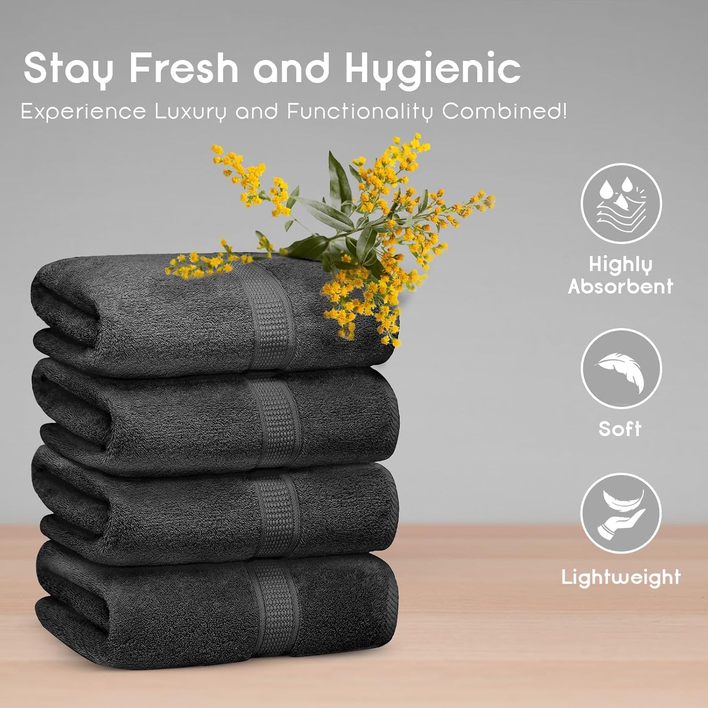 Ariv Premium Bath Towels Pack of 4, 100% Cotton, Large 30" x 52", Super Soft, Highly Absorbent, Quick Dry, Durable, Comfortable, Great Value & Quality, Perfect for Home & Bathroom - Grey