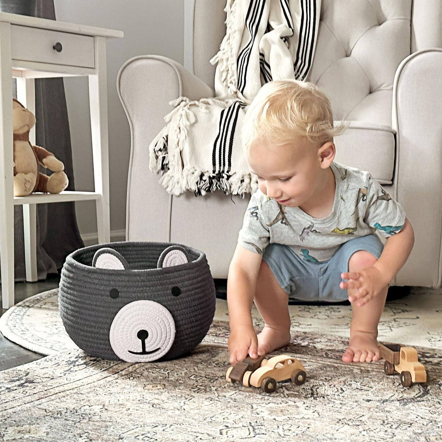 CherryNow Baby Basket for Nursery, Bear Gift Baskets for Kids, Empty Baby Shower Basket with Handles, Small Cute Animal Cotton Rope Baskets, Grey, 10.5"D x 8.5"H