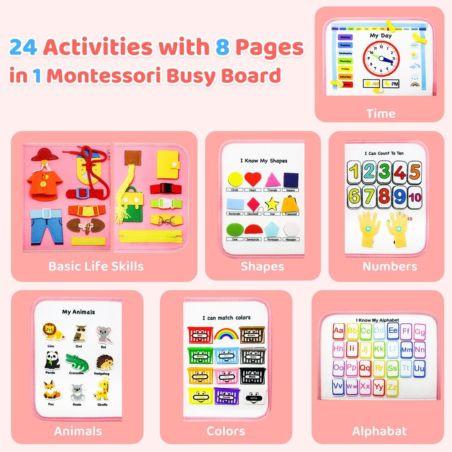 CHUAWANLY Busy Board Montessori Toys for Toddler,Busy Book - Sensory Preschool Learning Activities Educational Toys with Fine Motor Skills,Gift for Boys Girls,Travel Essentials for Plane Car (Pink)