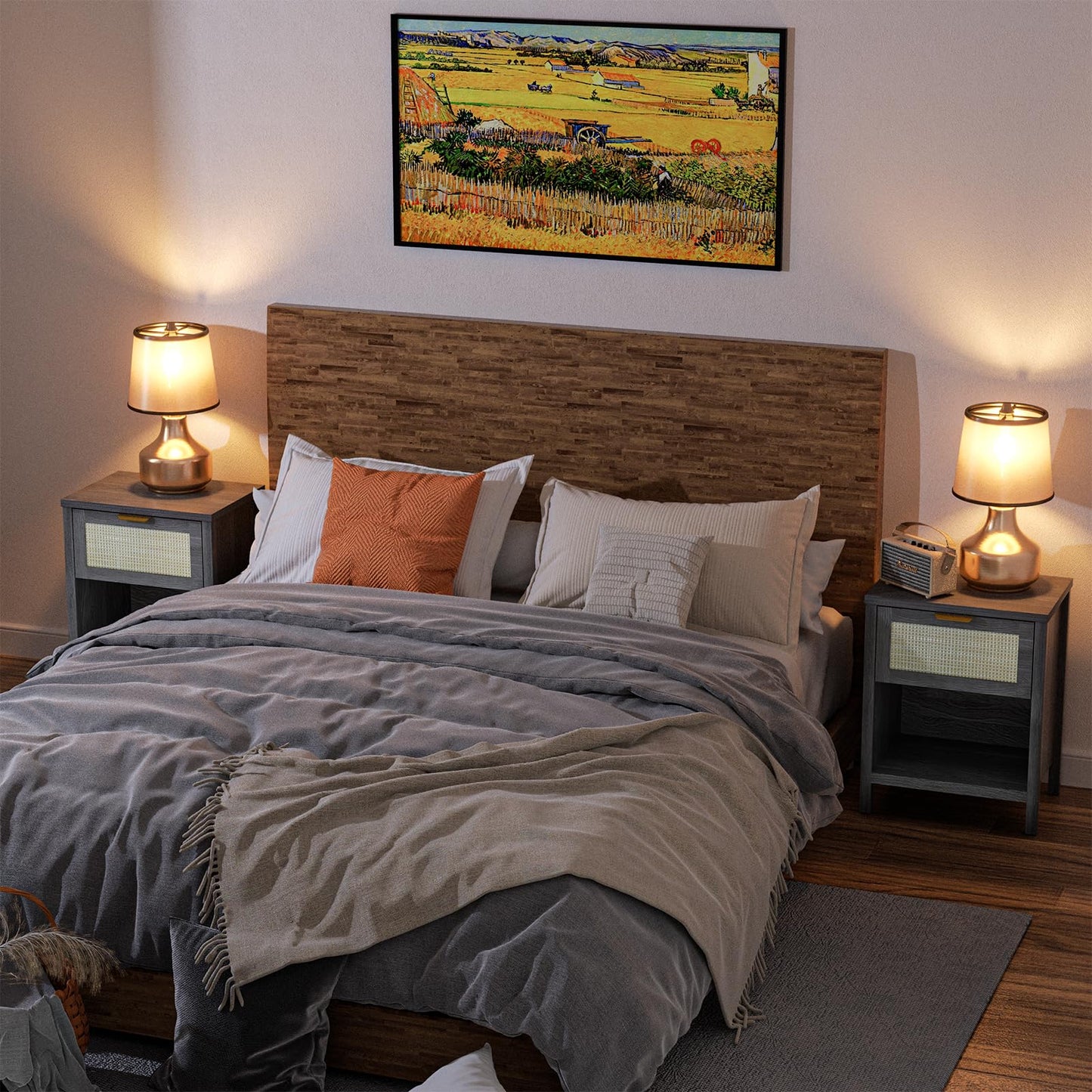 DEMEGA Rattan Nightstand Set of 2 Black Night Stand Bedside Table with Drawer and Storage Shelf Boho Side Table for Bedroom End Tables