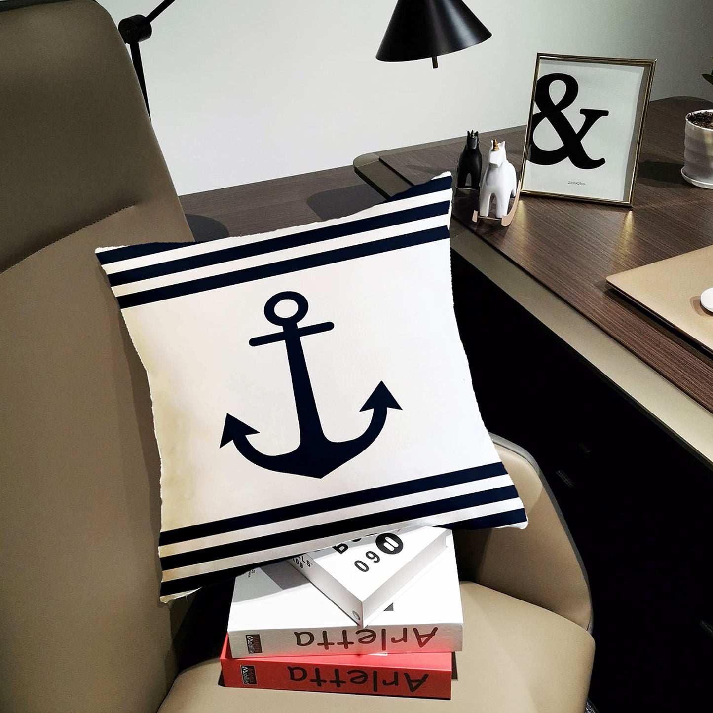SLHETS Navy Blue Ocean Boat Anchor Throw Pillow Covers 18x18' White Navigation Cushion Case for Sofa Bedroom Cushion Home Decor Set of 2