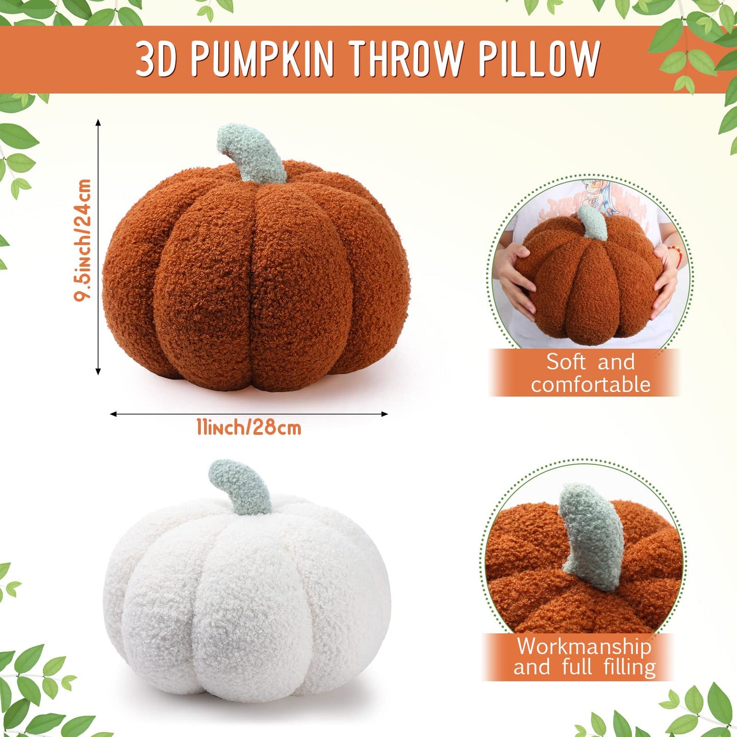 2 Pieces Simulated Pumpkin Pillow Plush Pillow 3D Pumpkin Shaped Pillow Cozy Fall Decorations Stuffed Throw Pillows for Thanksgiving Christmas Halloween Bedroom Sofa Couch Supplies (White, Brown)