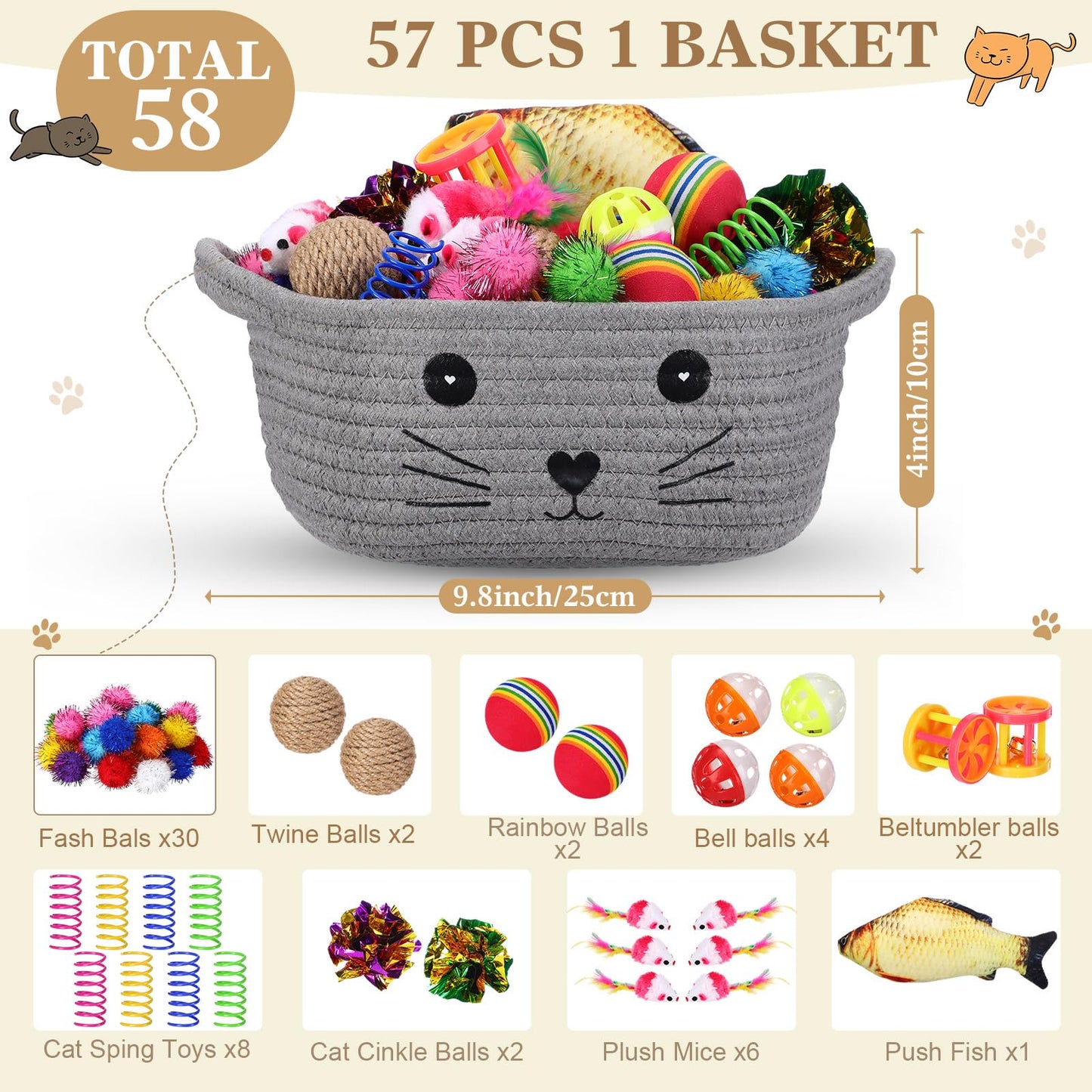 Zopeal 58 Pcs Cat Storage Basket Gift Toys Set, Colorful Flashing Balls Pet Bell Crinkle Balls Spring Toys Attract Cat to Swat, Bite, Hunt, Interactive for Pet(Gray)