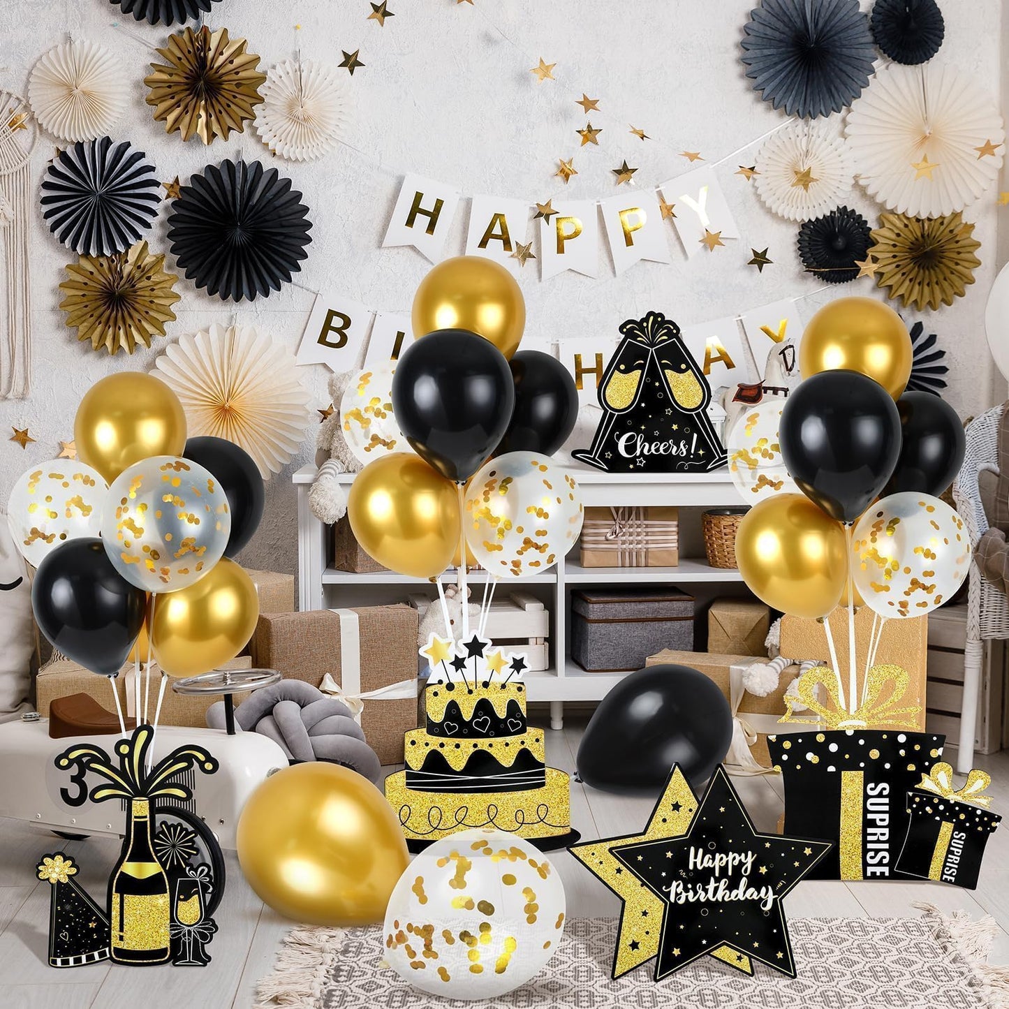 6 Sets Balloon Stand Kit for Table Happy Birthday Black Gold Balloon Centerpiece Decor Black and Gold Balloon Stand Kit for 40th 50th 60th 70th Birthday Party Decoration
