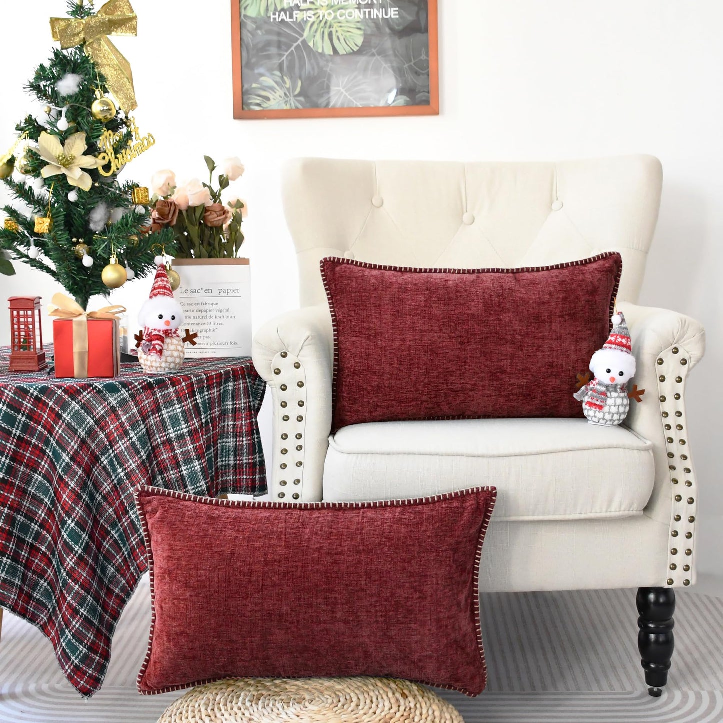 CaliTime Throw Pillow Covers Decorative 12 X 20 Inches Pack of 2 Cotton Thread Stitching Edges Solid Dyed Soft Chenille Cushion Cases for Couch Sofa Bed Living Room Farmhouse Burgundy