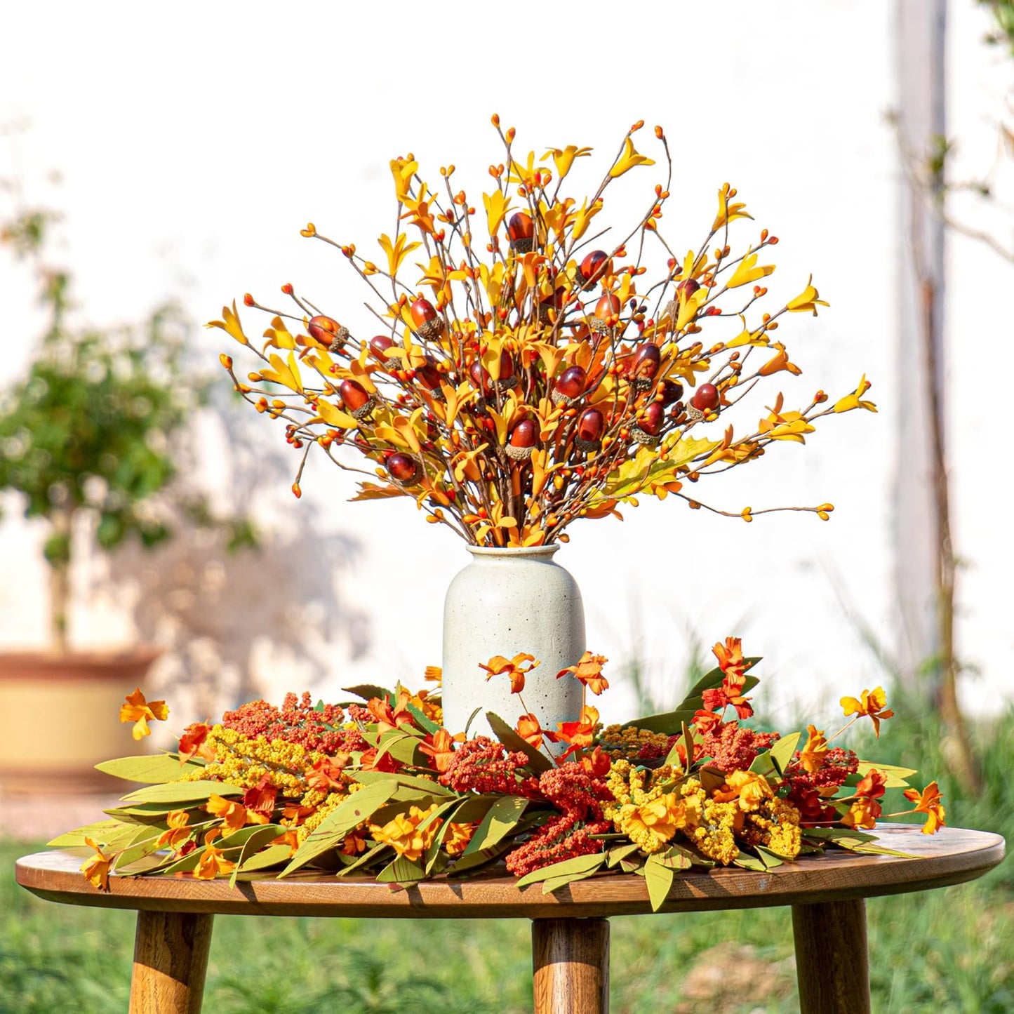 VioletEverGarden Artificial Fall Flowers 12 Pack Fall Leaves Stems 17 Inch Fall Floral Picks with Forsythia Acorn and Berry for Thanksgiving Holiday Decorations