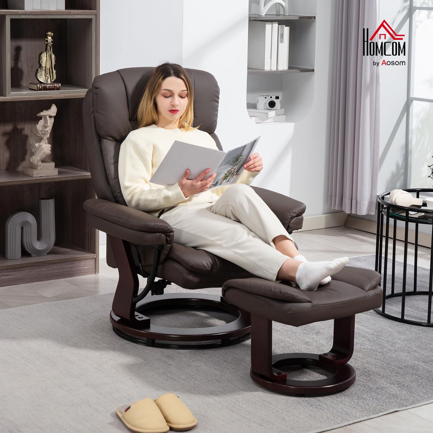 HOMCOM Swivel Recliner Chair with Ottoman, PU Leather Recliner with Adjustable Backrest, Footrest, Wood Base, Upholstered Reclining Chair for Living Room, Bedroom, Office, Dark Brown