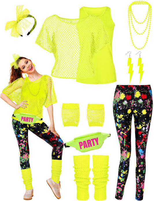 CICOCI 80s 90s Outfit For Women Neno Party Fishnet Top1980s Costume with 80s Accessories Set Retro Party Leg Warmers Headband