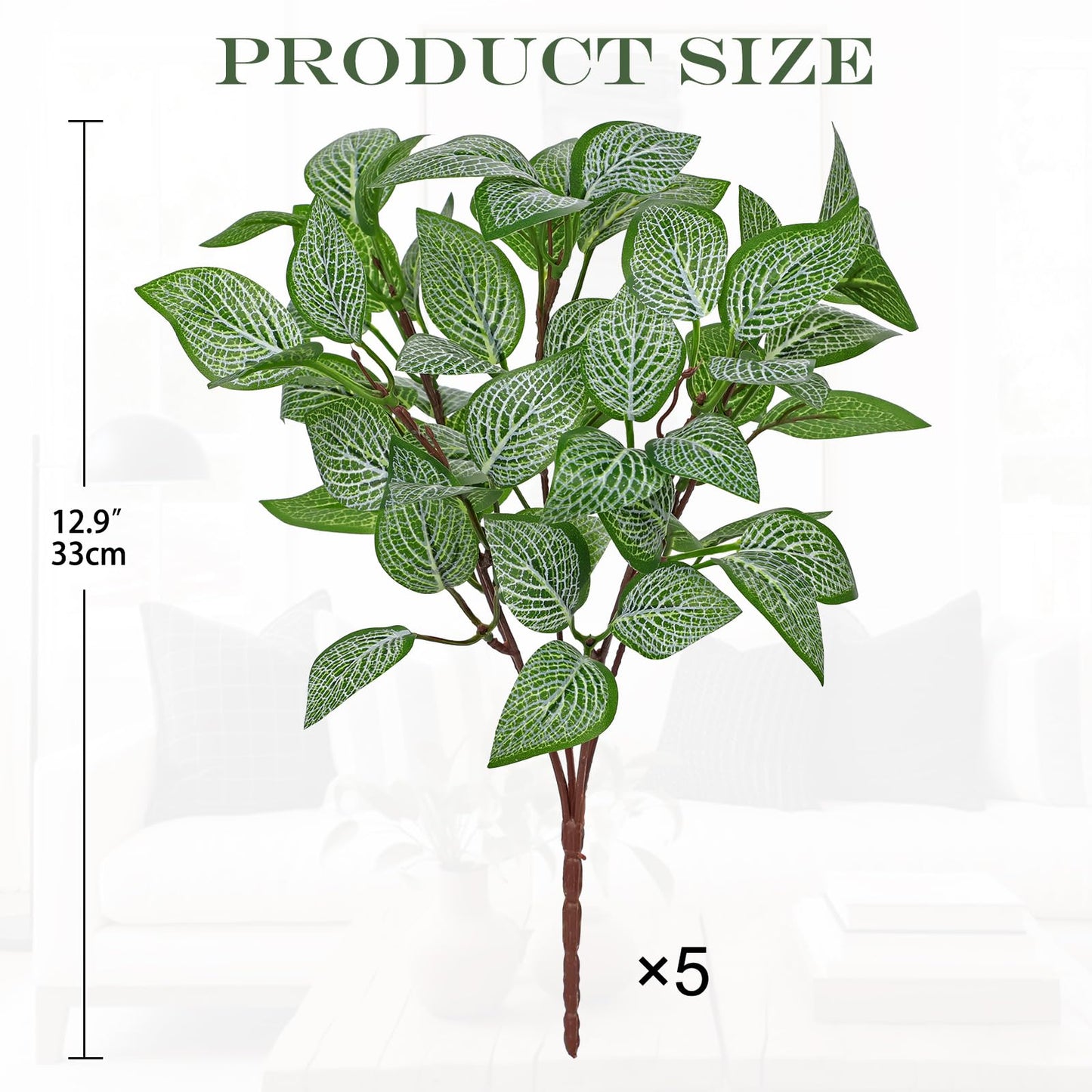 Hollyone 5 Bundles Artificial Greenery Plants Stems Faux Fittonia Leaves Plant Bouquet Fillers for Arrangement, Fake Shrub Bushes Plants for Home Centerpiece Indoor Outdoor Garden Patio Porch