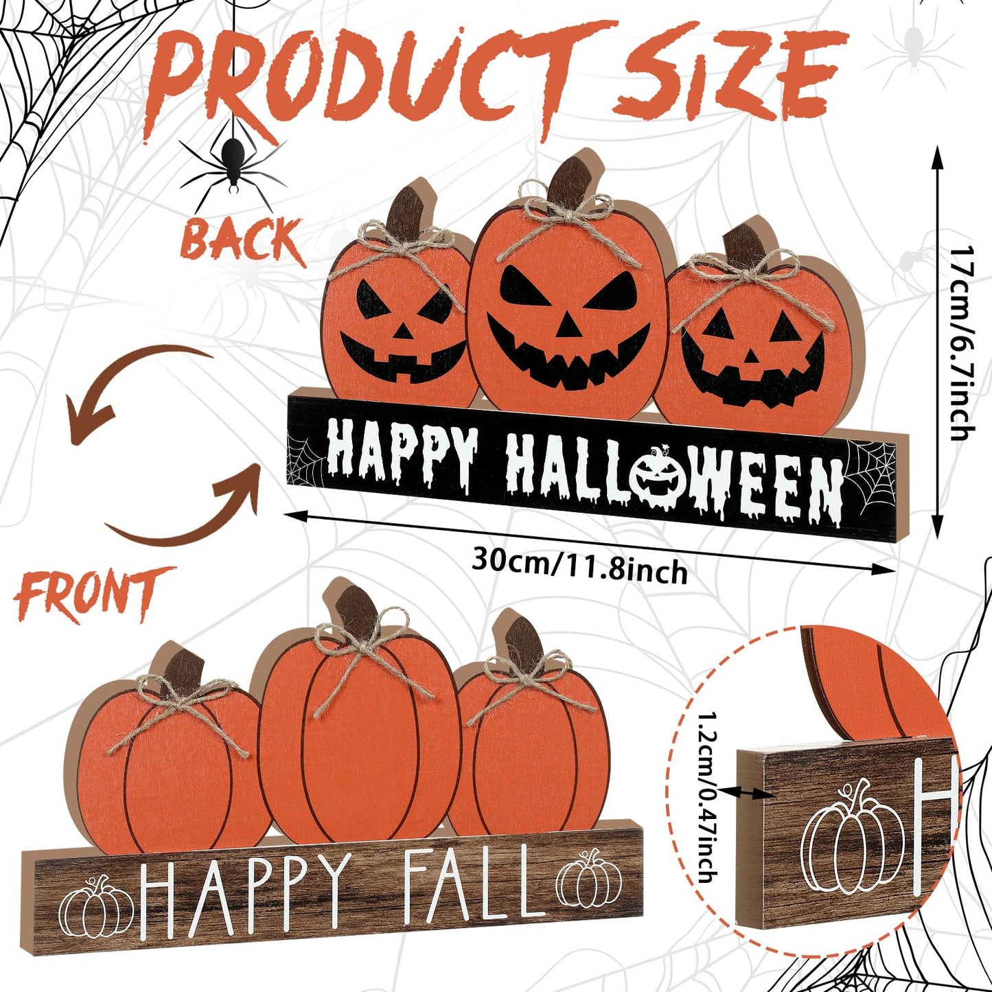 Purpeak Fall Wooden Table Sign Double Side Halloween and Thanksgiving Tabletop Pumpkin Sign Happy Fall Wood Block Tiered Tray Decor for Home Shelf Party Decor