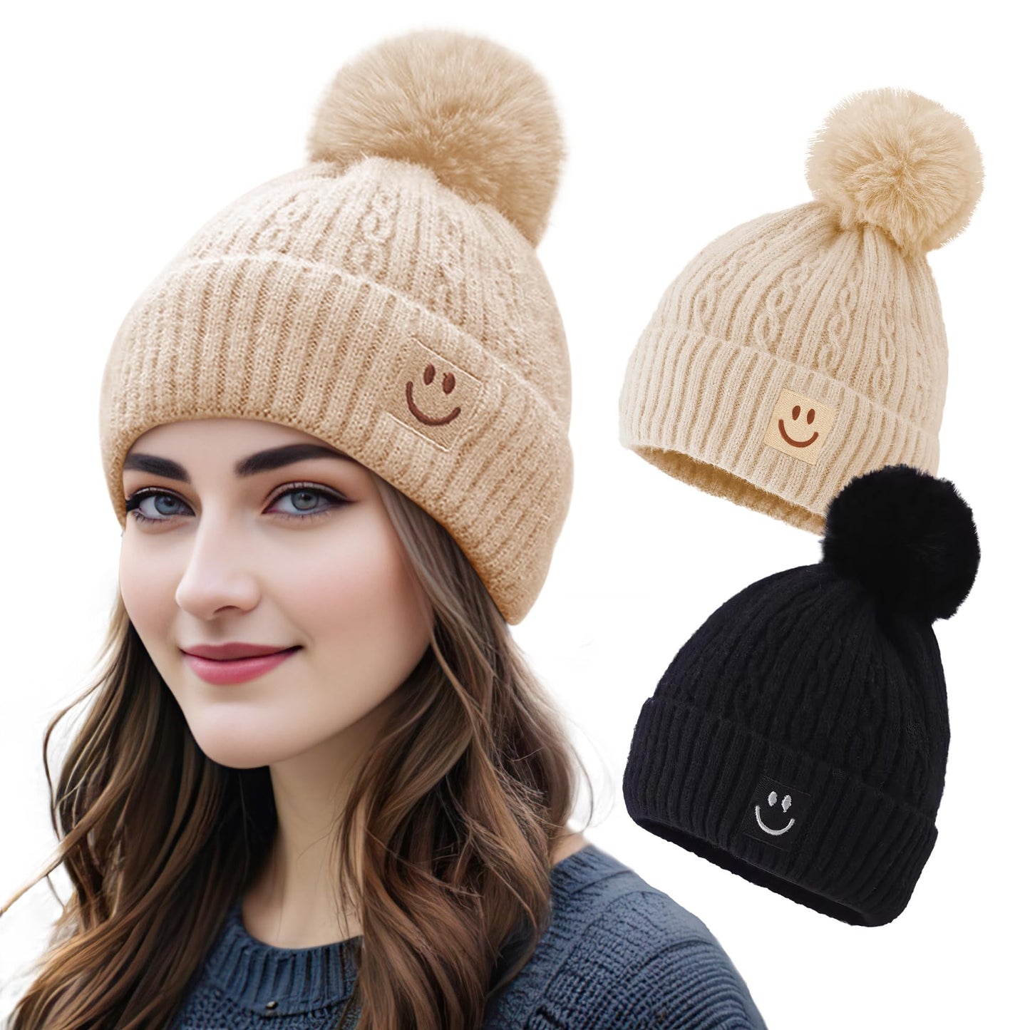 Womens Winter Beanie Hat, Smile Face Warm Fleece Knitted Beanies with Faux Fur Pom Pom