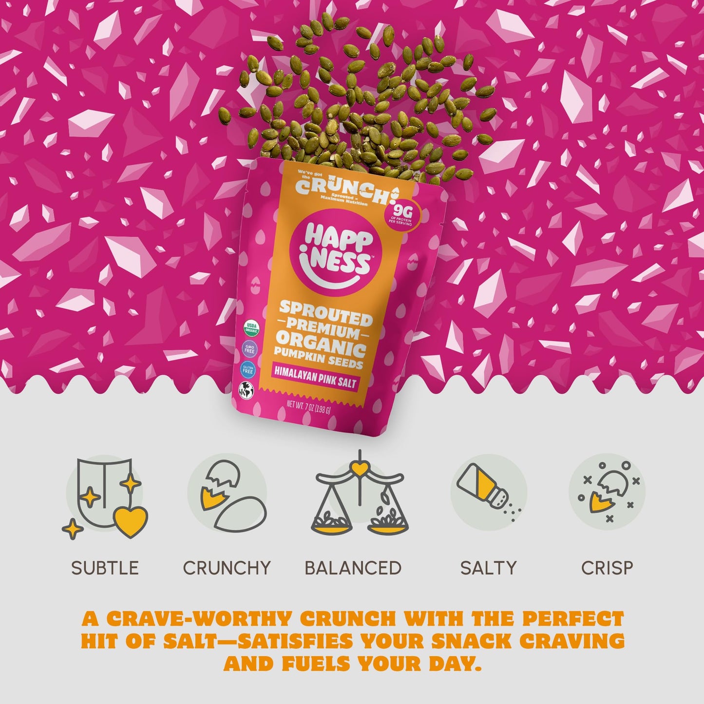 Happiness Foods™ Himalayan Pink Salt – Sprouted Organic Raw Pumpkin Seeds – High Protein, Certified USDA Organic, Non-GMO, Low Carb, Vegan, Gluten-Free Snacks – 7 oz