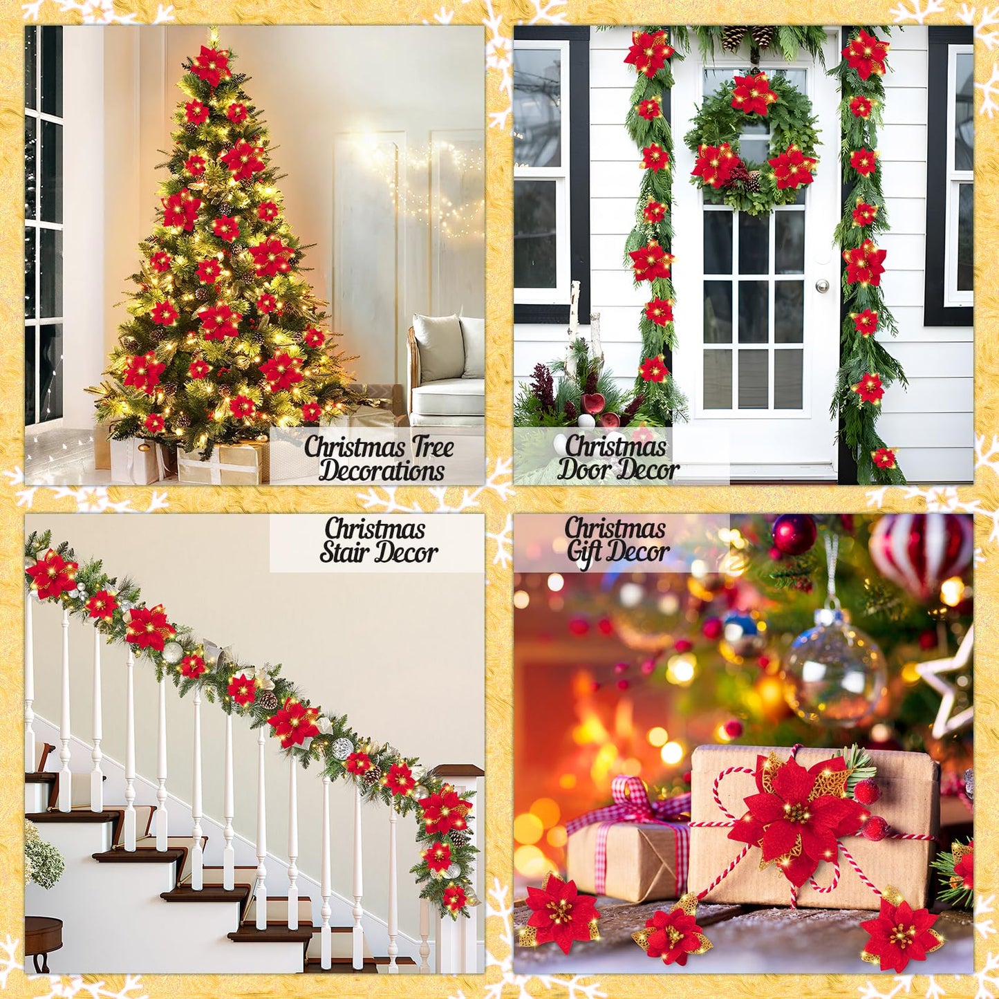 Geefuun 28PCS Christmas Tree Decorations: Poinsettias Artificial Flowers Ornaments Xmas Red Glitter Flower with Clips,3 Sizes(Not Included Stems)