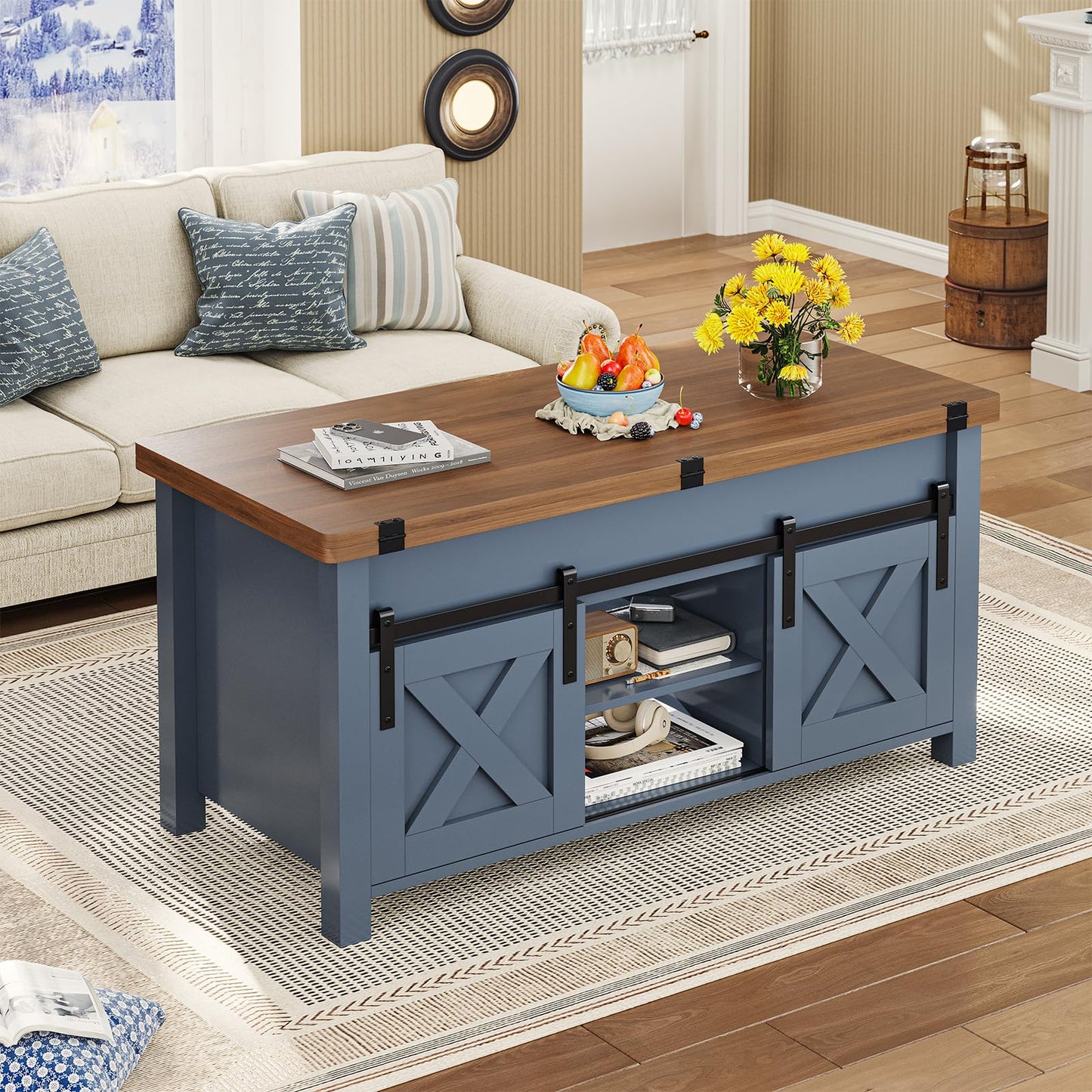 SEDETA Lift Top Coffee Table, 4 in 1 Multi-Function Convertible Coffee Tables with Storage and Hidden Compartment, Farmhouse Coffee Table Converts to Dining Table for Living Room, Blue