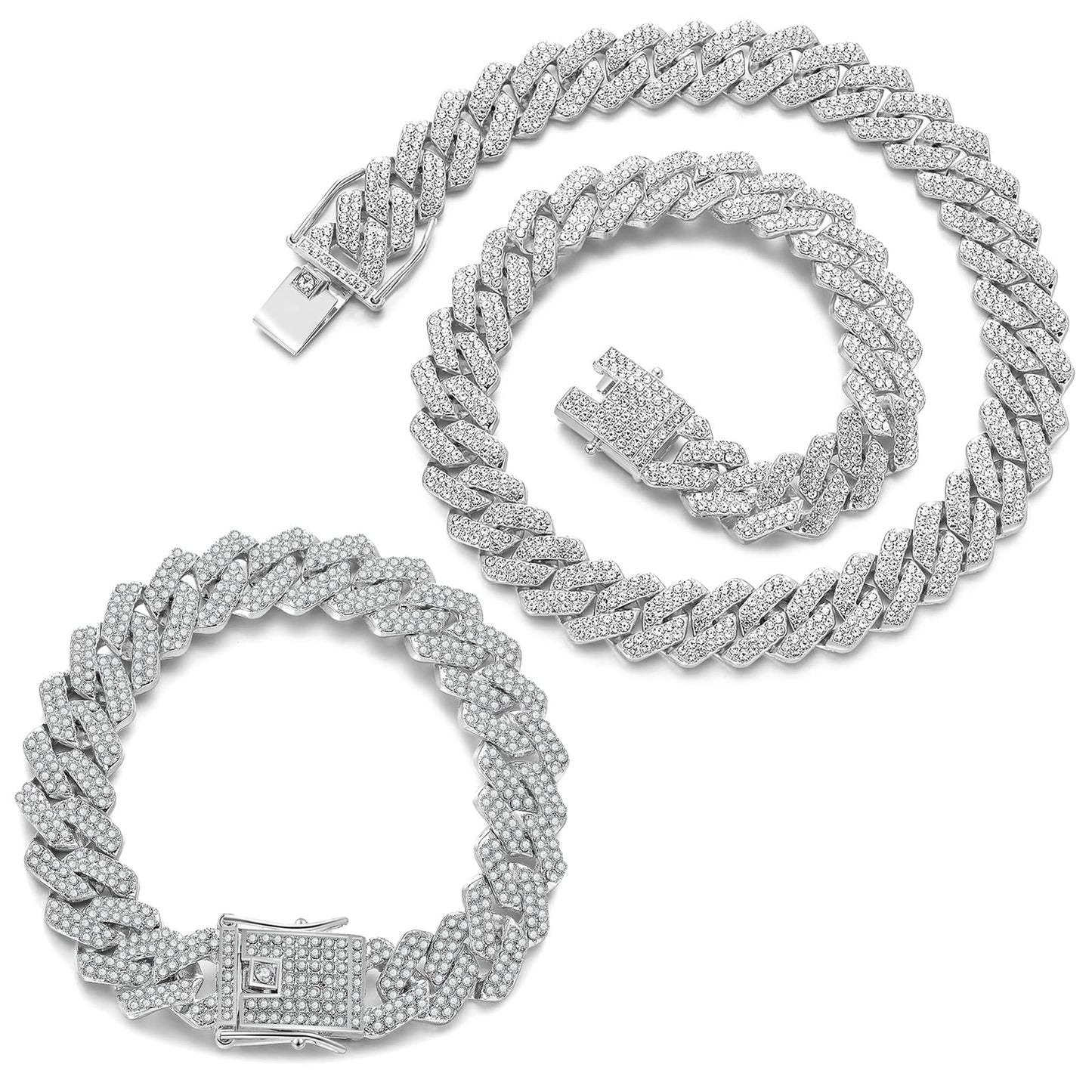 JUNVirtuous 2 Pieces Cuban Link Chain Mens Iced Out Miami Cuban Necklace and Bracelet Silver Bling Diamond Hip Hop Jewelry for Men and Women (Silver, 8" Bracelet and 16" Necklace)